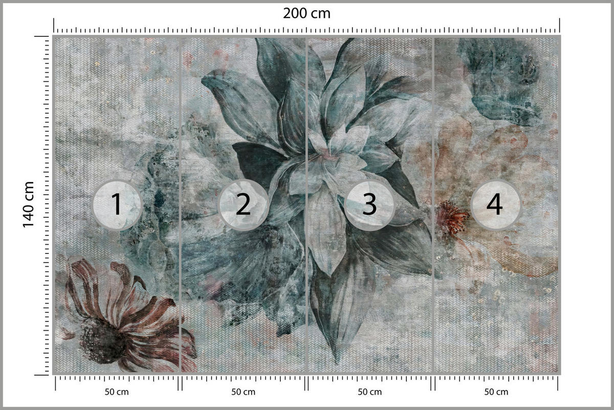 FOTOTAPETE für Schlafzimmer Aquarellblumen Beton Natur Pflanzen 200x140 - Grau, Papier (200/140cm) - Muralo