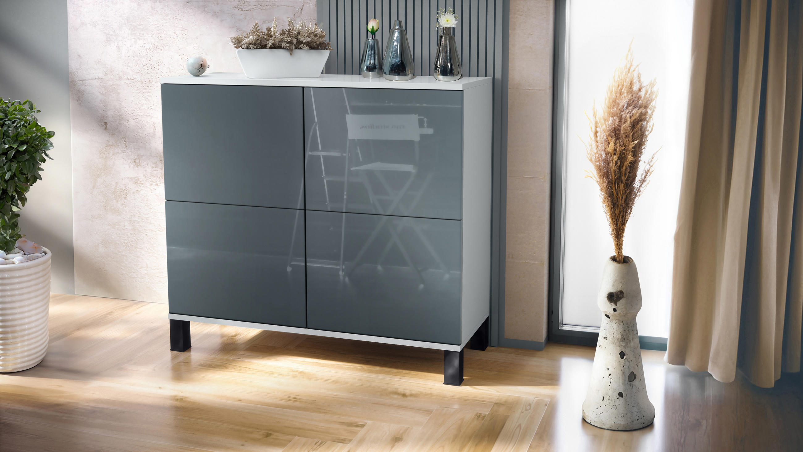 KOMMODE Rova Grau Hochglanz - Grau, Holzwerkstoff (92.5/84.5/35cm) - Vladon