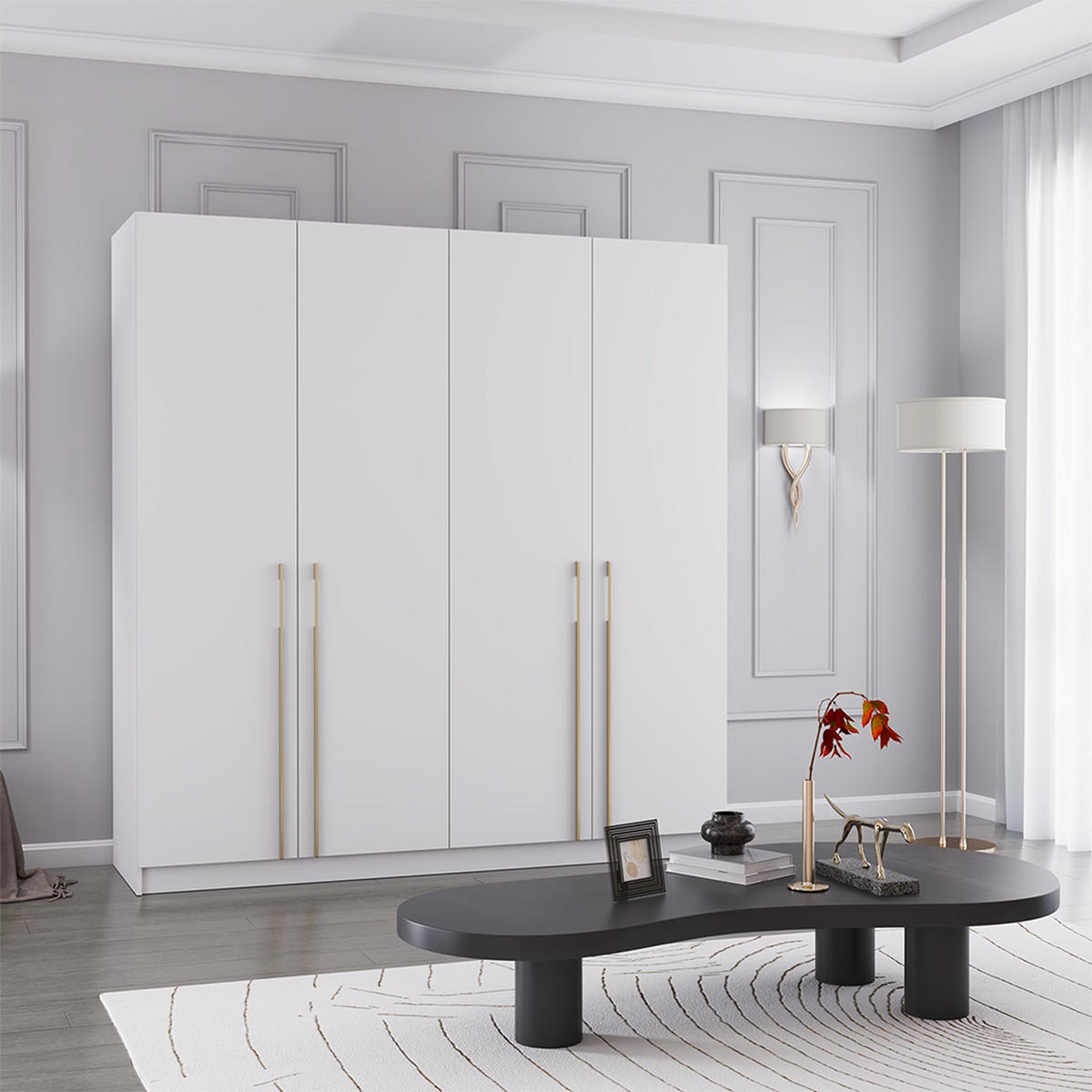 DREHTÜRENSCHRANK ROSA 4D 200/210/57 cm 4-türig Weiß - Goldfarben/Weiß, Holzwerkstoff/Metall (200/210/57cm) - imoebel24
