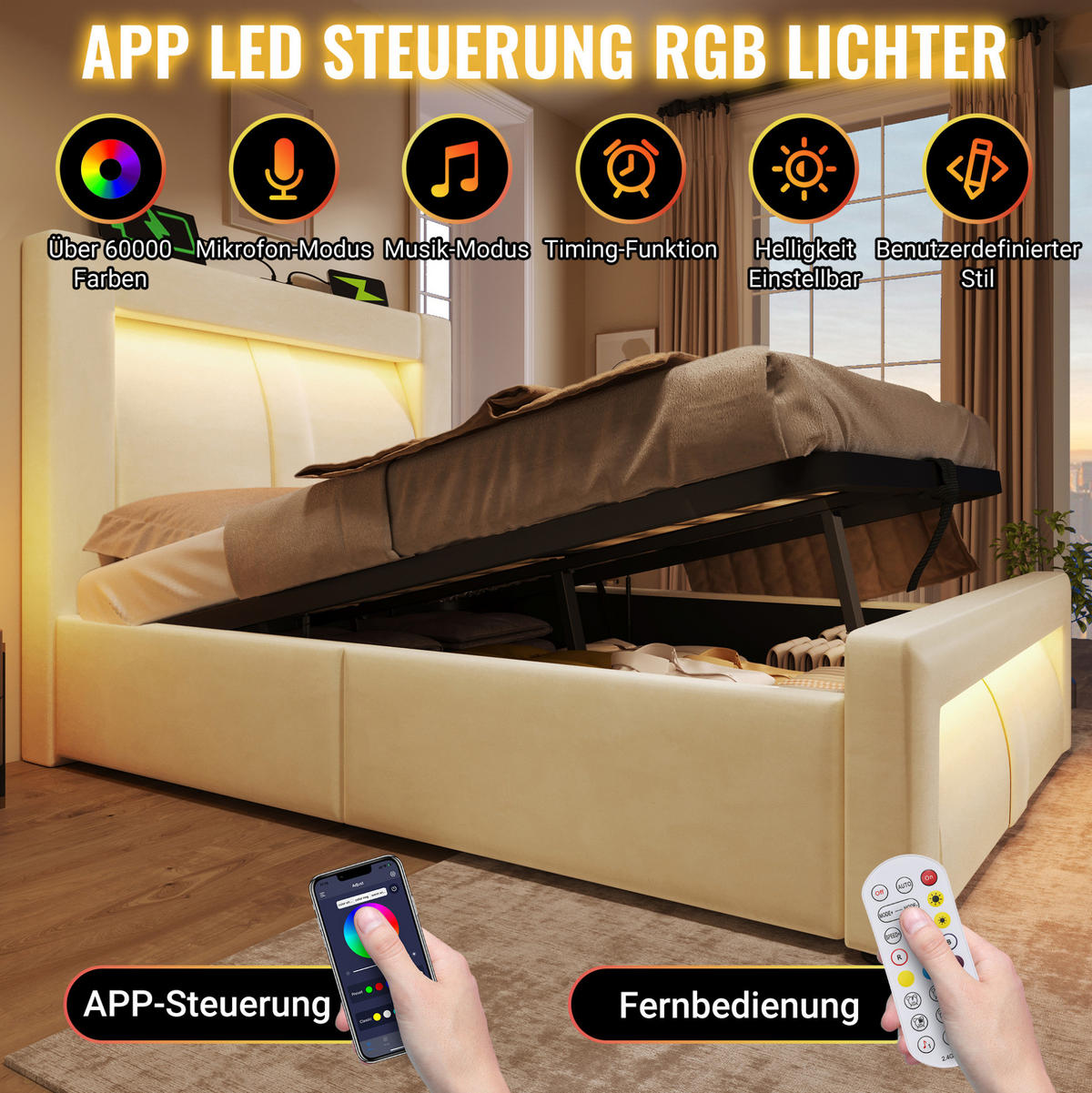 TAPECIRANI krevet 160/200 cm s LED osvjetljenjem, USB i Type-C priključcima te hidrauličnim spremištem, Bež - bež, tekstil (160/200cm) - Redom