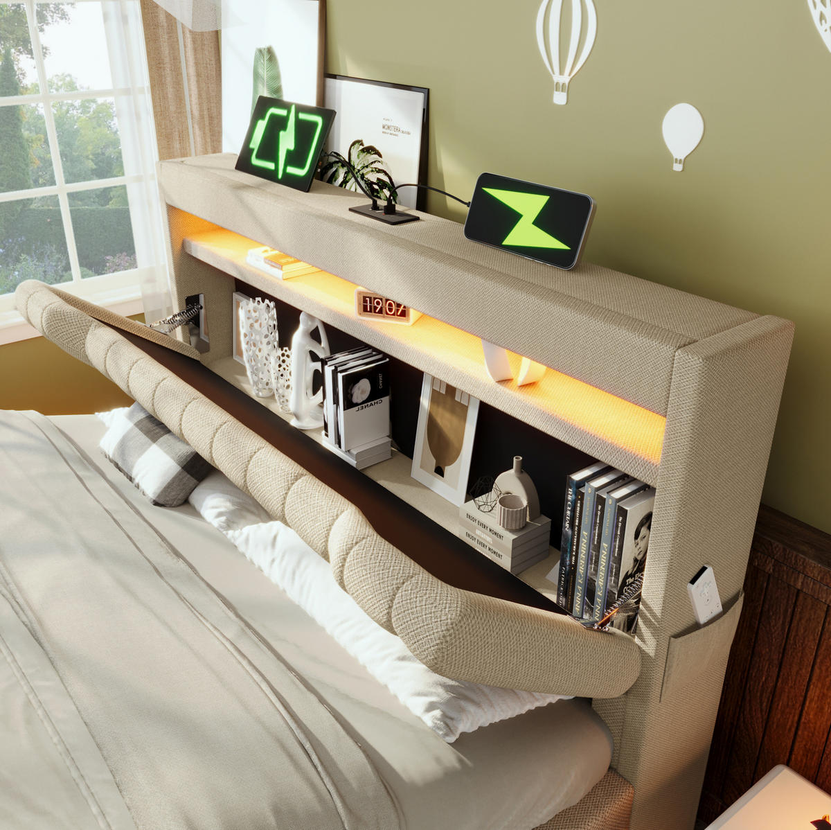 POLSTERBETT 160/200 cm Beige aus Leinen mit Matratze und LED - Beige, Textil (160/200cm) - OKMYHOME