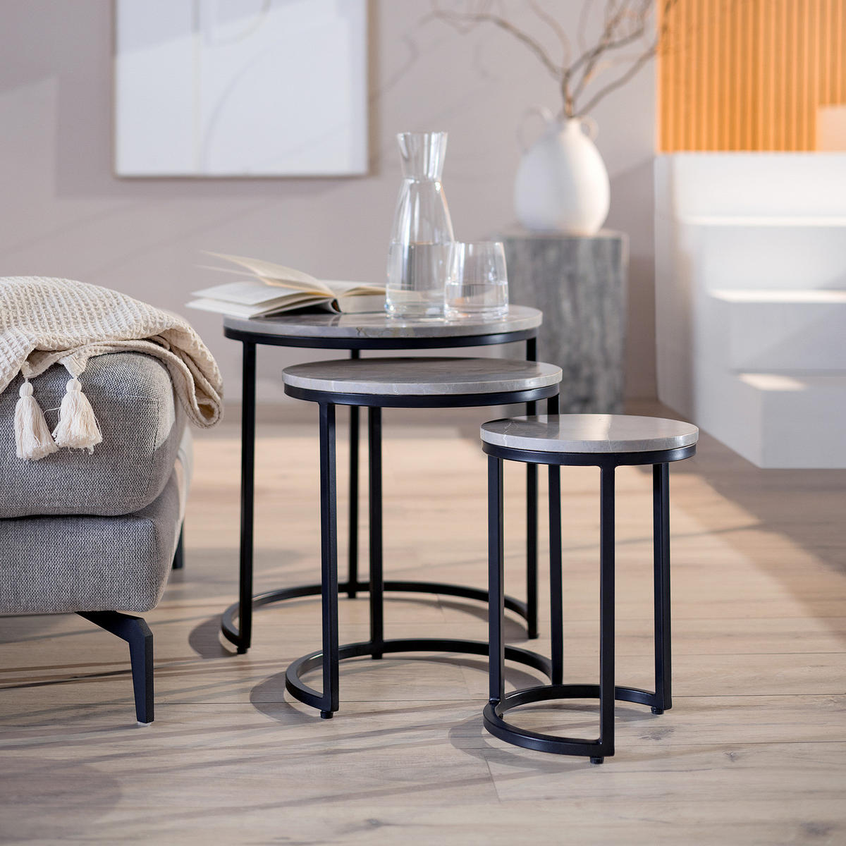 BEISTELLTISCH-SET - Marmor Grau / Schwarz, 3-teilig - Schwarz/Grau, Stein/Metall (45/45/45cm) - home24