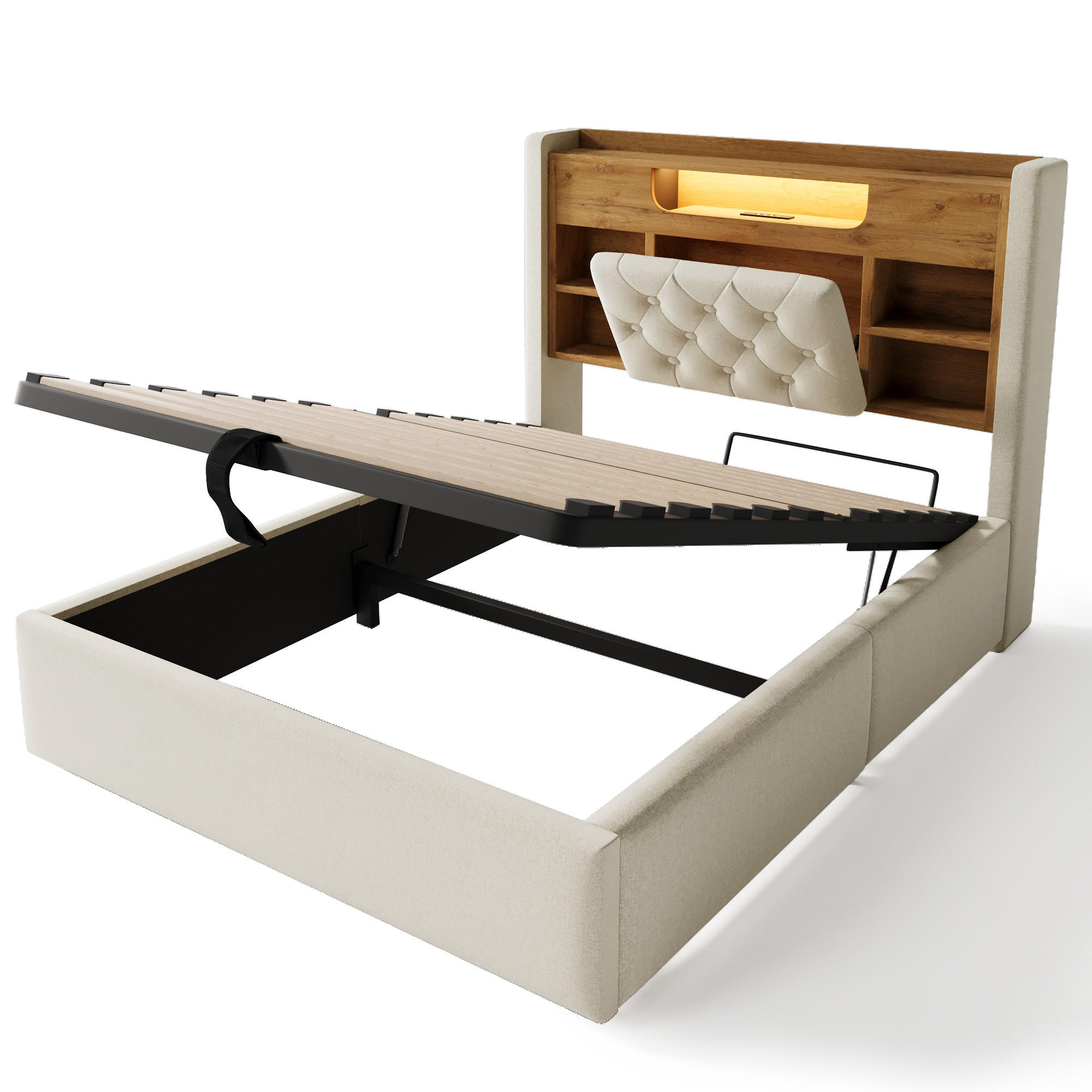 POLSTERBETT 90/200 cm Beige mit LED-Beleuchtung und Stauraum-Kopfteil - Beige, Textil (90/200cm) - Oxeza