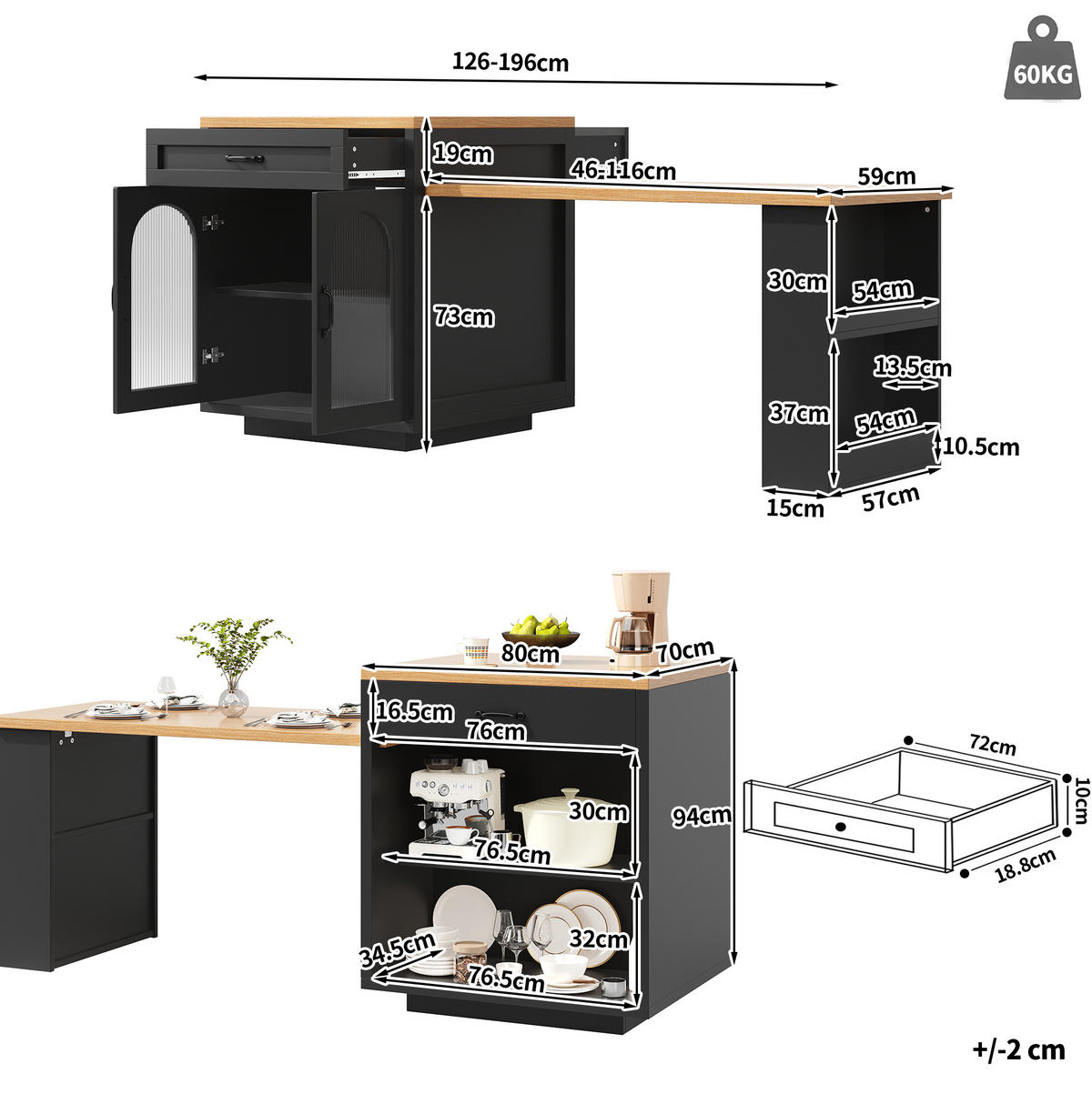 BUFFET 126-196/59/94 cm aus MDF mit RGB-LED-Beleuchtung und ausziehbarer Tischplatte Schwarz - Schwarz, Holzwerkstoff (196/94/59cm) - Modenvie