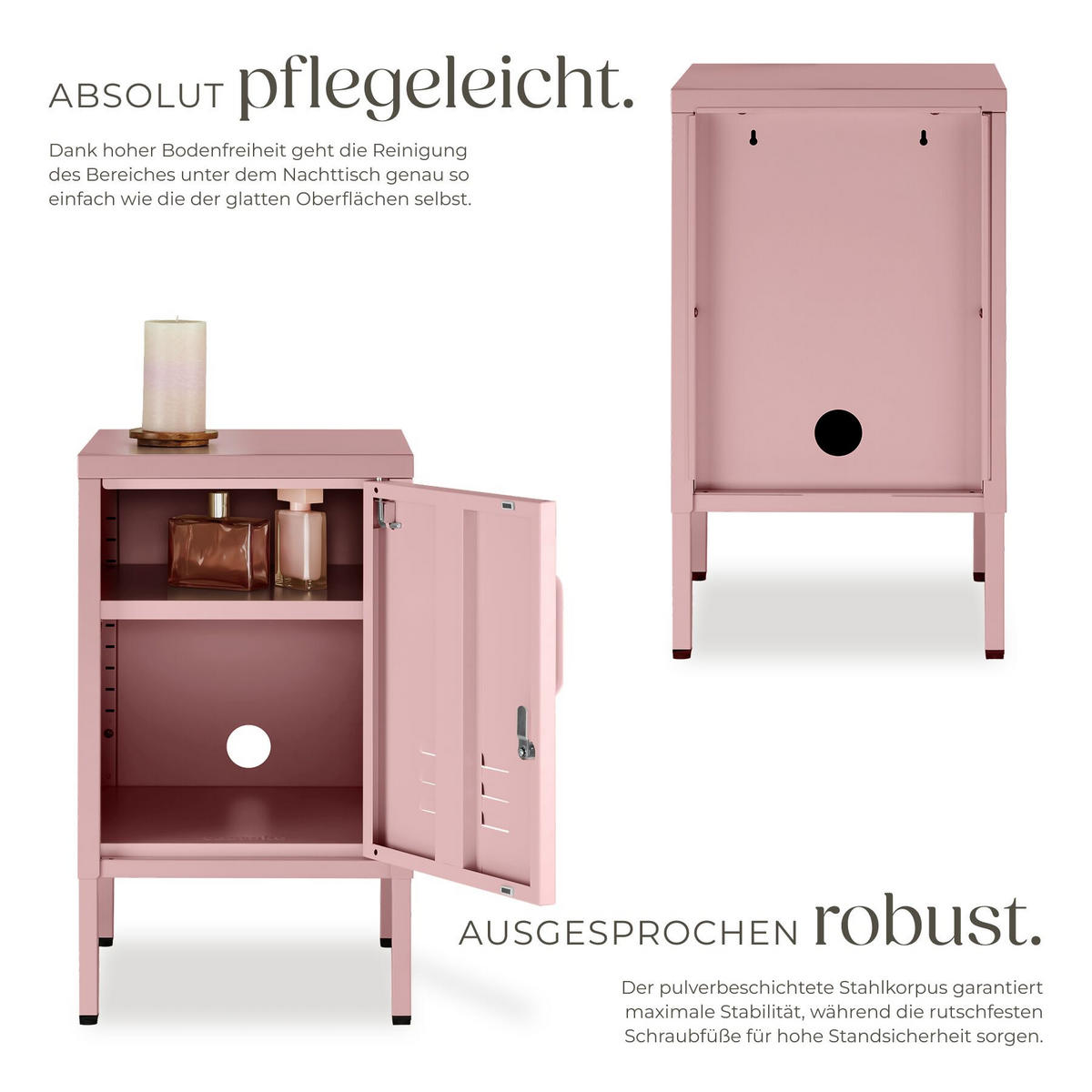 NACHTSCHRANK Baker, Kippschutz, höhenverstellbare Füße, rosa - Rosa, Metall (35/60.5/42.5cm) - tectake