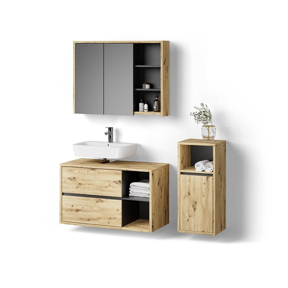 BADMÖBEL-SET Vomano Braun 3 Teile, mit Midischrank - Anthrazit/Braun, Holzwerkstoff (45/100/60cm) - Livinity®