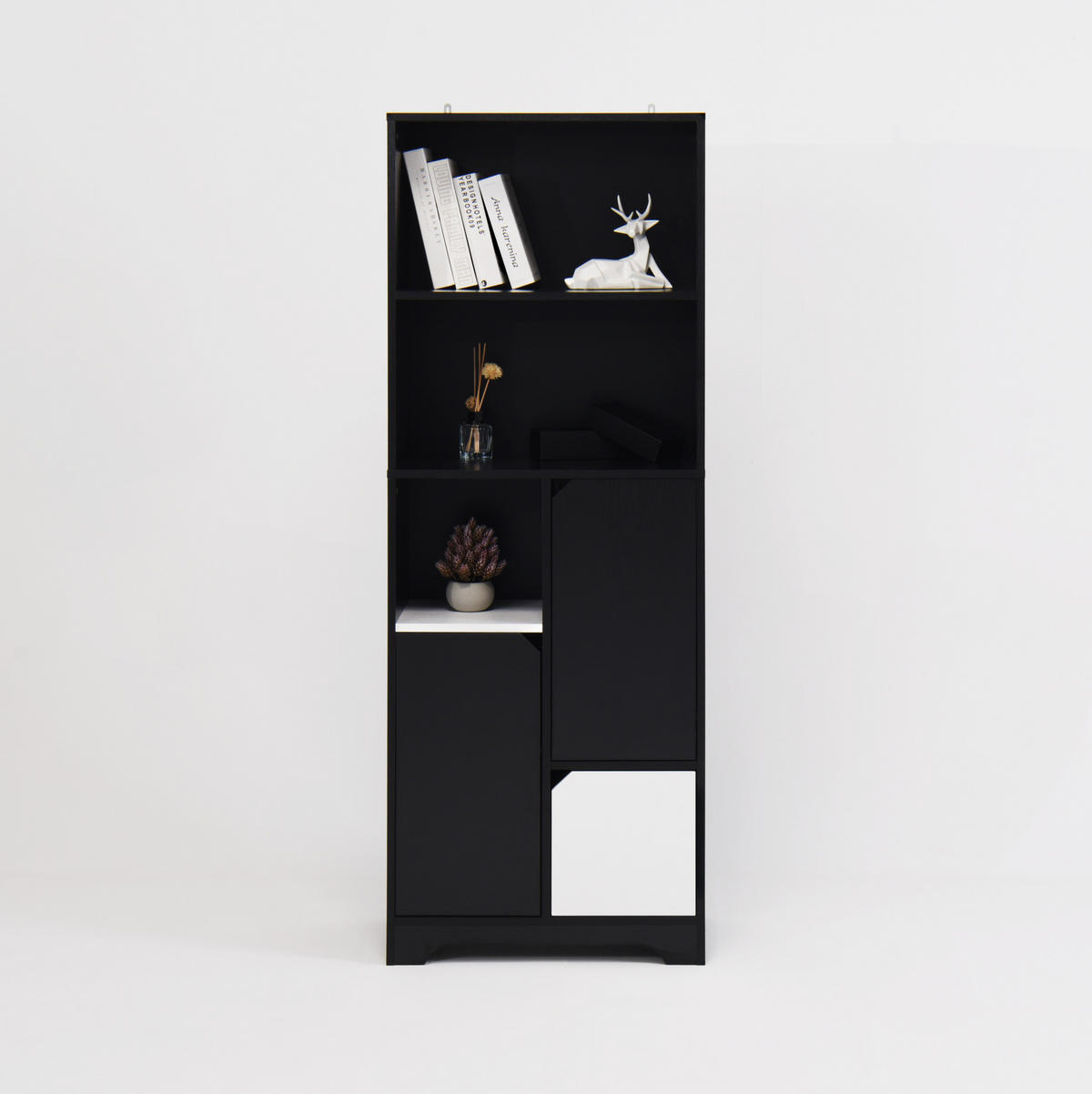 BÜCHERREGAL 60/35/160 cm mit 2 offenen Fächern, Tür und Schubladen aus Holzwerkstoff, Schwarz/Weiß - Schwarz, Holzwerkstoff (60/160/35cm) - Redom