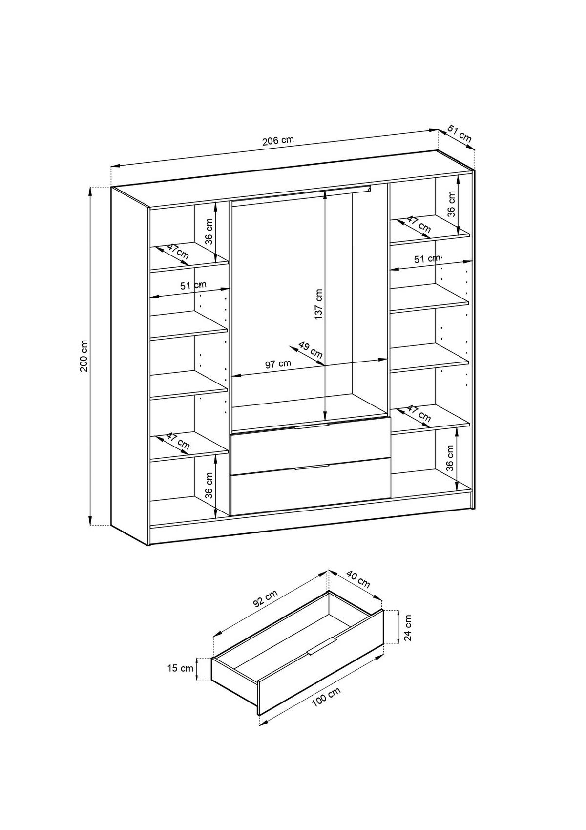 KLEIDERSCHRANK – 206 cm – Nelly – Grau - Grau, Holzwerkstoff (206/200/51cm) - hi-markt