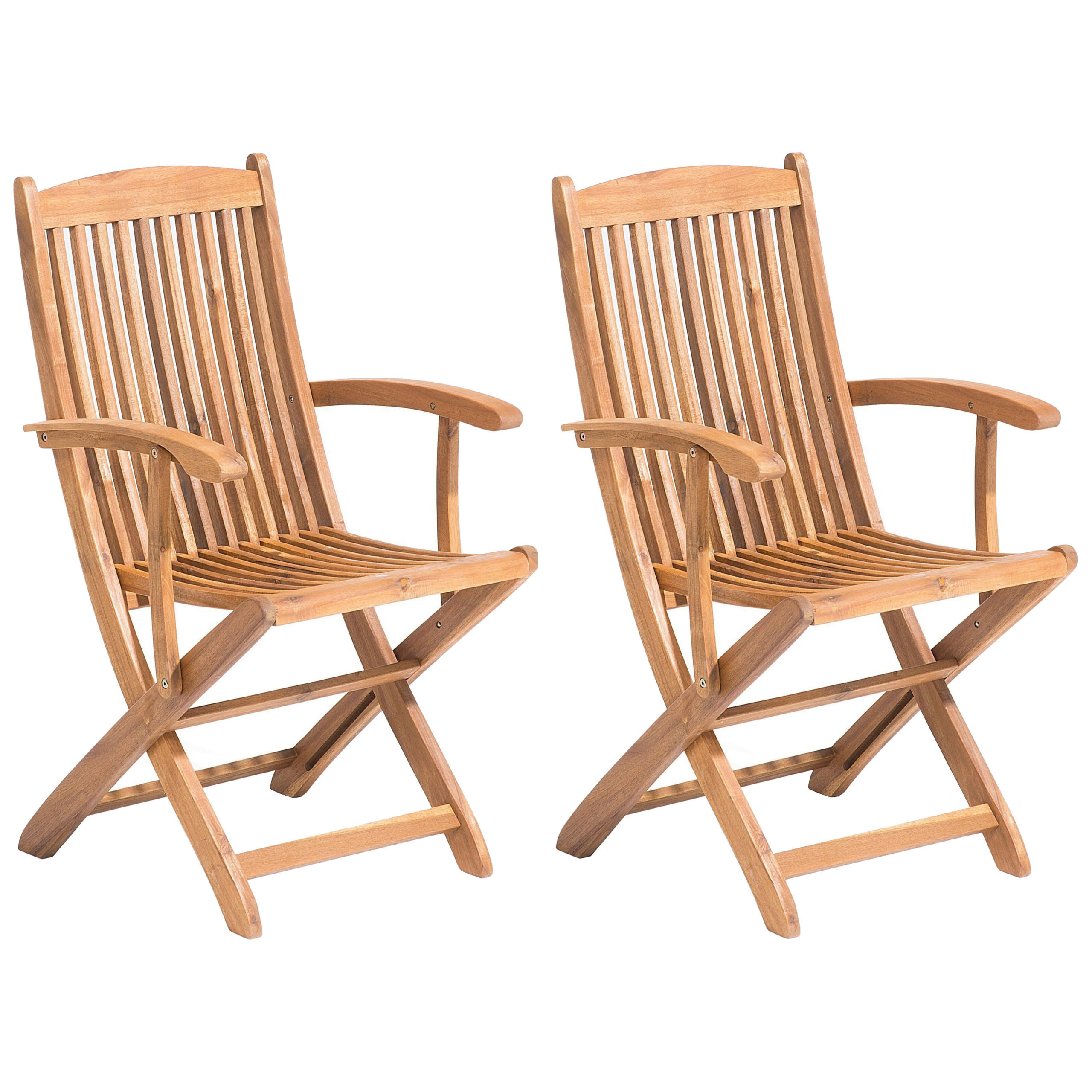 GARTENSTUHL 2er-Set mit Armlehnen Akazienholz hellbraun Maui - Hellbraun, Holz (42/93/48cm) - Beliani