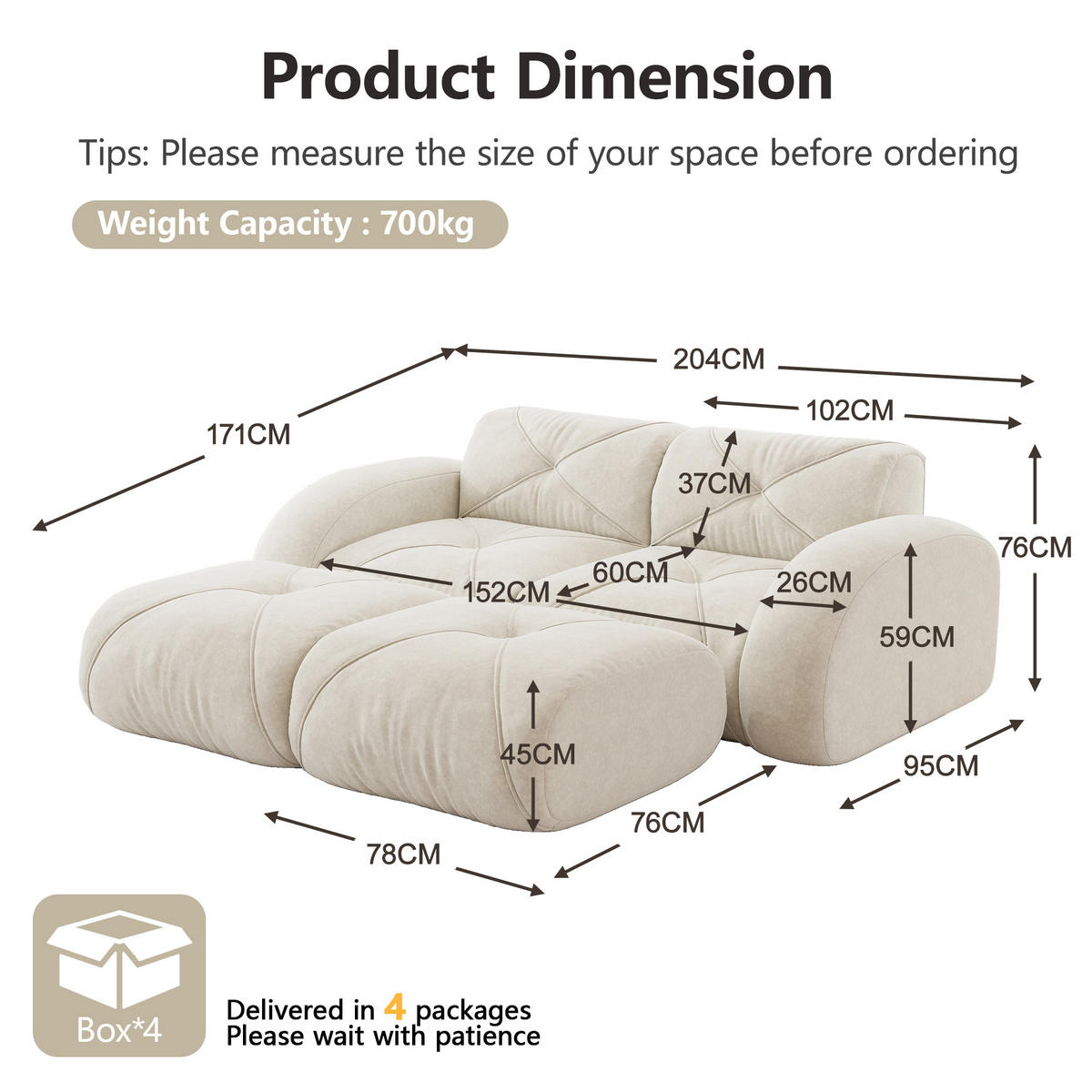 2-SITZER SOFA Chenille Hellbeige mit 2 Hockern - Weiß, Textil (204/76/171cm) - WISHDOR
