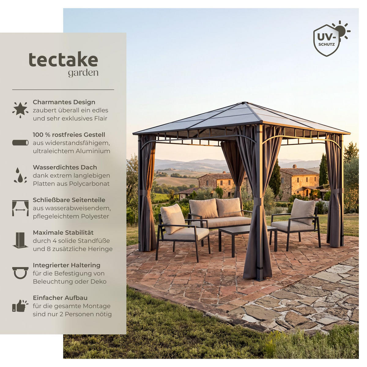 GARTENPAVILLON Caracas, inklusive 8 Heringen, grau - Grau, Metall (300/263/300cm) - tectake