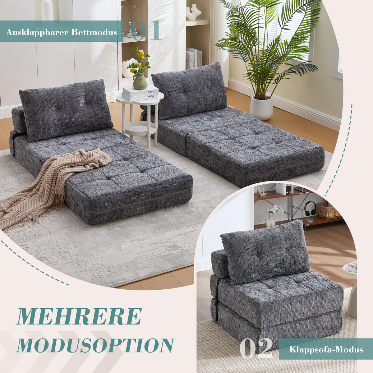 STOFFSOFA Grau inkl. Kissen, klappbar Polstersessel 79x180cm - Grau, Textil (79/57/79cm) - PARAFTA HOME