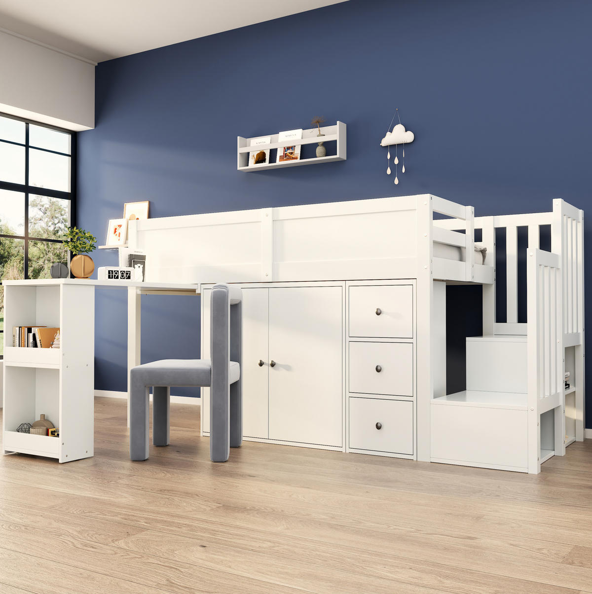 HOCHBETT 90/200 cm mit ausziehbarem Schreibtisch, Schrank, Schubladen und Treppenschrank aus MDF, Weiß - Weiß, Holzwerkstoff (90/200cm) - Redom