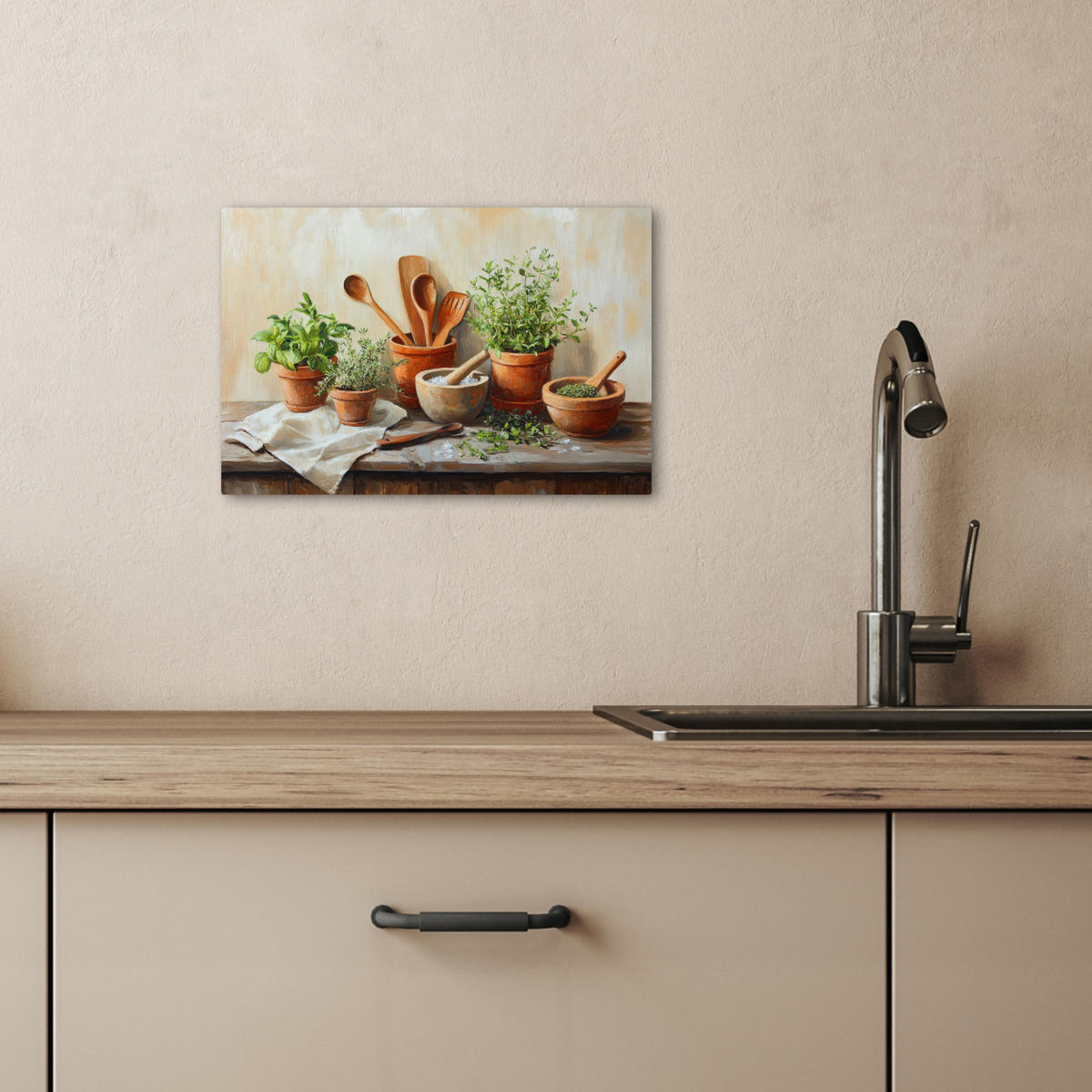 LEINWANDBILD Töpfe - Kräuter - Holz 30x20 cm - Terracotta, Textil (30/20cm) - MuchoWow