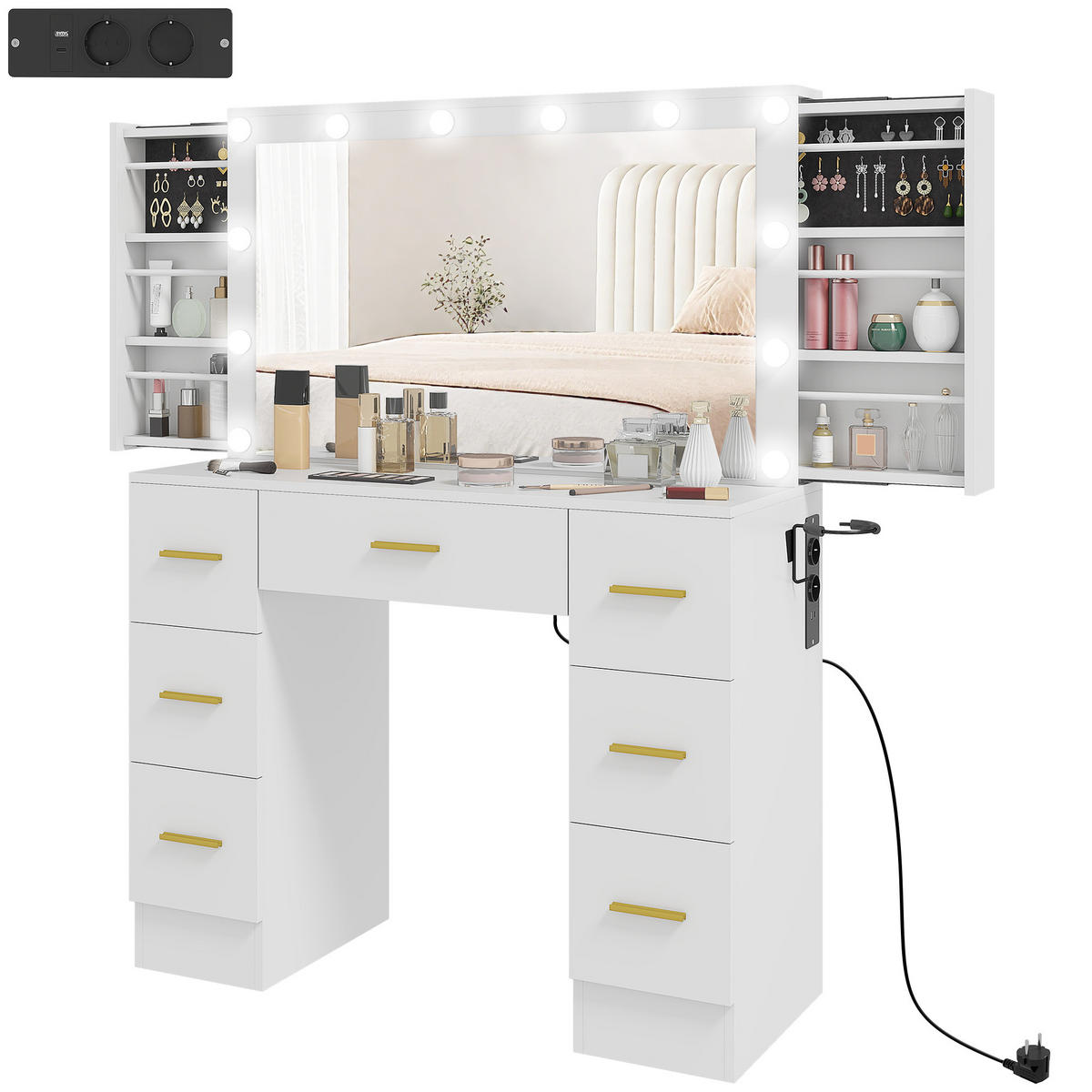 SCHMINKTISCH DE-10808 mit 12 LED-Lichtern & 7 Schubladen Weiß - Weiß, Holzwerkstoff (40/137/100cm) - ComfortXL