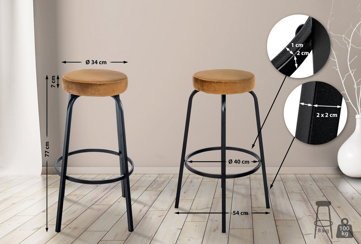 BARHOCKER KOELN Coffee Samt - Cappuccino, Metall (41/78/41cm) - DELUKE