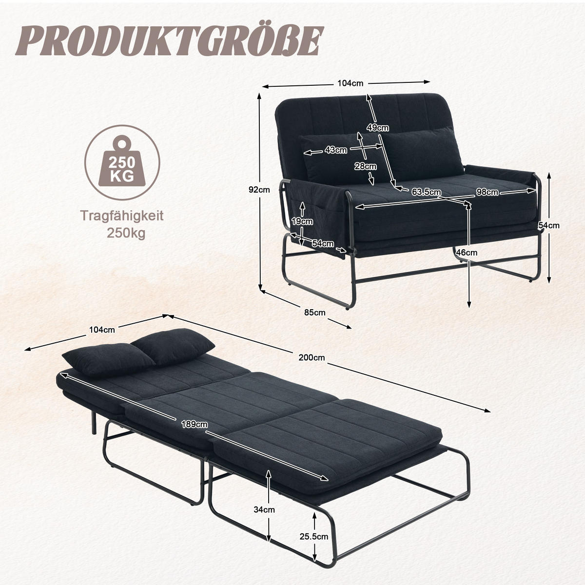 SCHLAFSOFA 2-Sitzer umbaubar mit Metallgestell, DE-42601, Schwarz - Schwarz, Metall (104/92/85cm) - ComfortXL