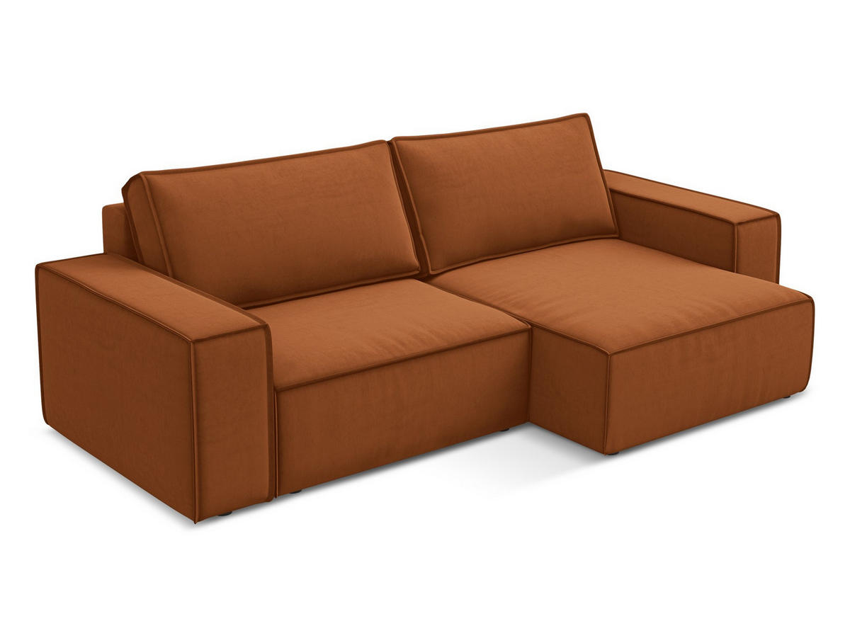 ECKSOFA mit Schlaffunktion Samt Stoff Orange - Terra cotta/Schwarz, Kunststoff/Textil (257/148cm) - Makamii