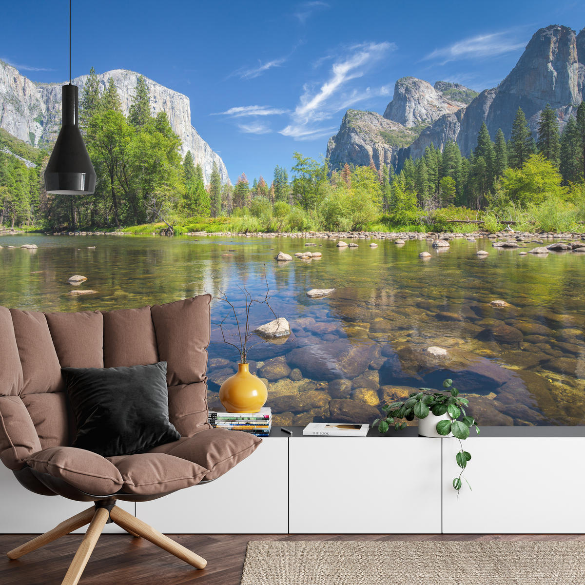 FOTOTAPETE für Wohnzimmer Yosemite Nationalpark Panorama Berge 350x256 - Blau/Beige, Papier (350/256cm) - Muralo