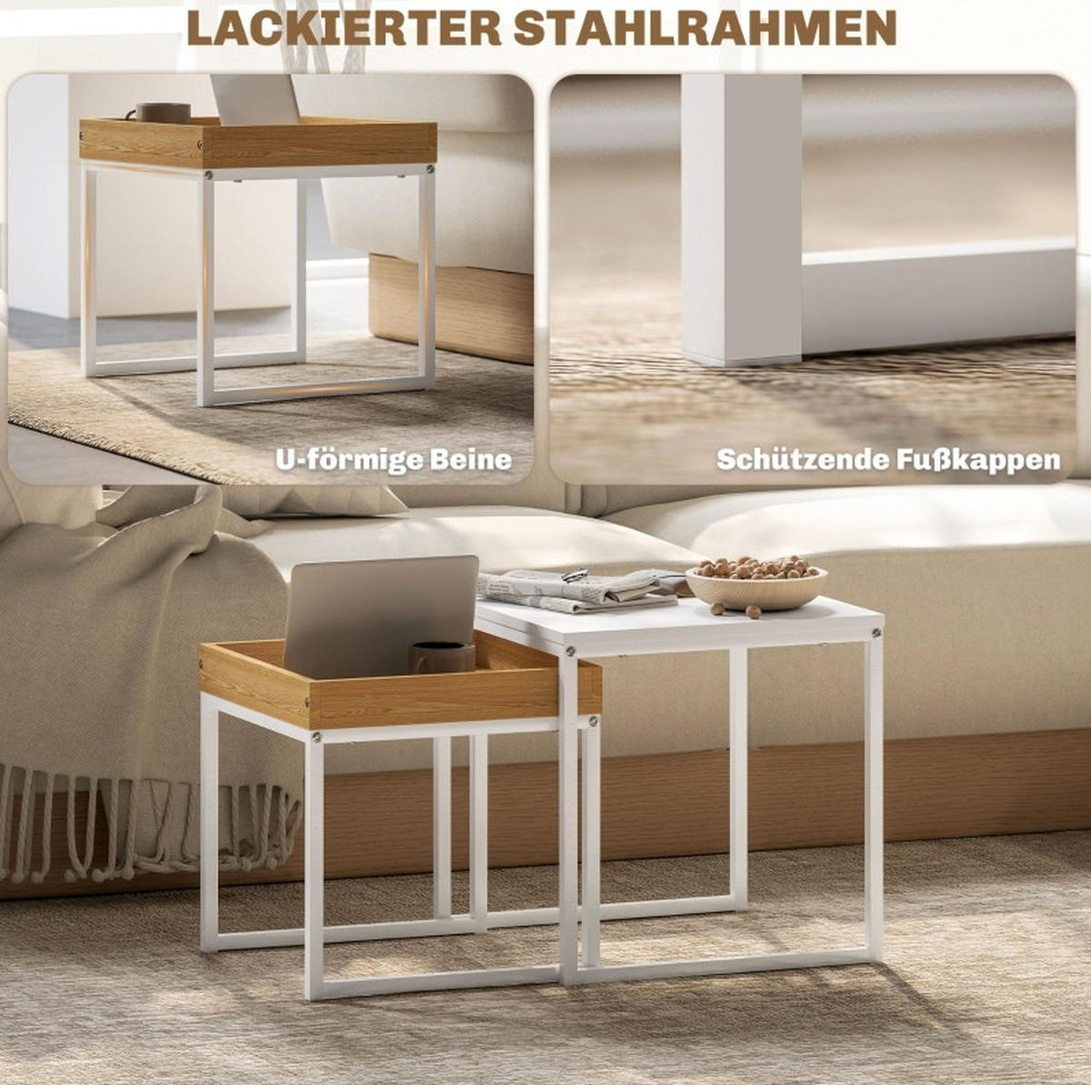 COUCHTISCH-SET 45/45/45 cm & 40/40/40 cm ineinanderstellbar mit abnehmbarem Tablett und Stahlgestell, Weiß - Weiß, Metall (45/45/45cm) - Modfu