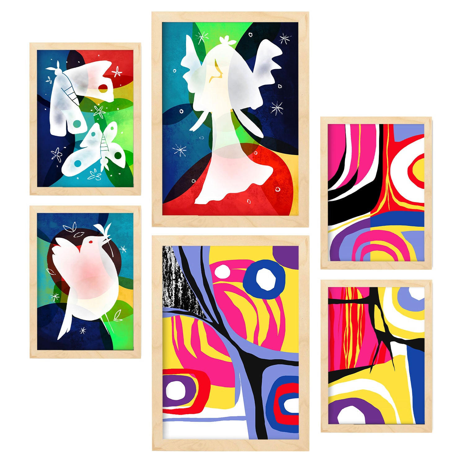 POSTER Set Mit 6 Flügel Des Friedens In Farbenfrohe Abstracts Ästhetische Dekorative Gemälde Für Ihr Wohnzimmer Zuhause A3 & A4 Rahmen Aus Hellem Holz - Beige, Papier (29/3cm) - Nacnic