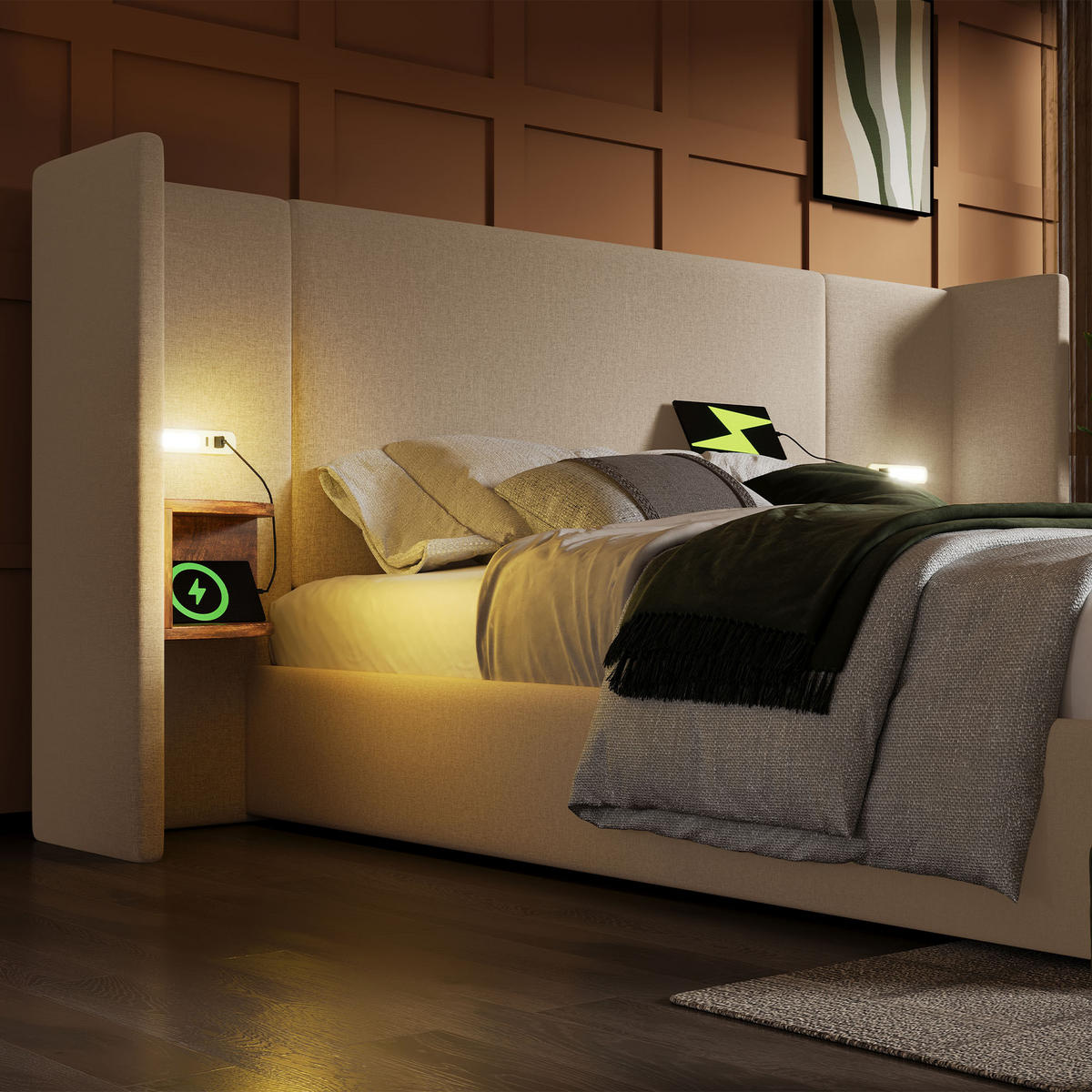 POLSTERBETT 160/200 cm Beige mit Stauraum und Leselampe - Beige, Textil (160/200cm) - OKWISH