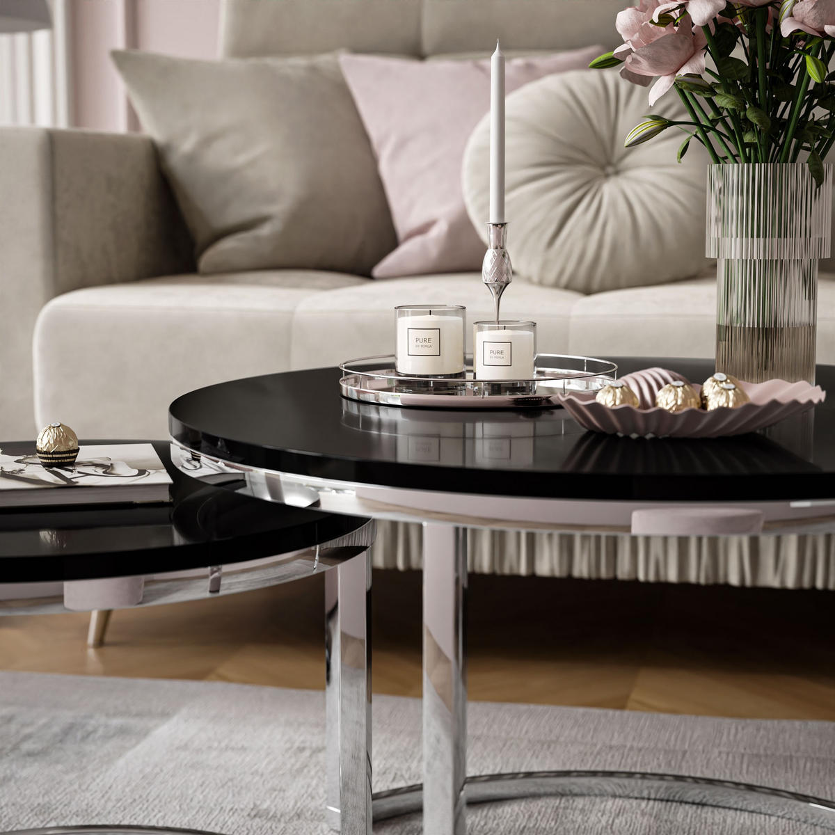 COUCHTISCH 2-in-1 CIRI CHROME Hochglanz - Silberfarben, Holzwerkstoff (70/70/48cm) - Lookway