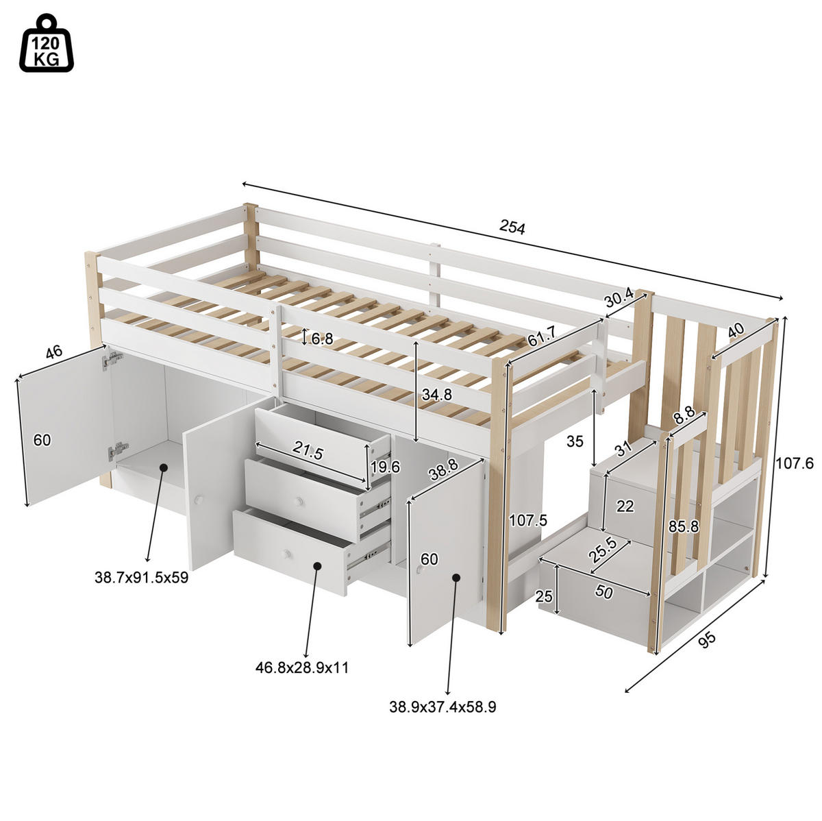 KINDEREINZELBETTEN aus MDF 90x200 cm in Weiß mit Treppe, Schubladen & 2 Schränken - Weiß, Holzwerkstoff (90/200cm) - Modfu
