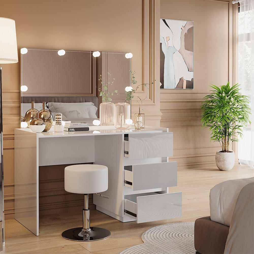 SCHMINKTISCH Marla Weiß Hochglanz 120 cm mit Spiegel, Hocker, LED-Lichterkette - Weiß Hochglanz, Holzwerkstoff (120/78.6/60cm) - Vicco