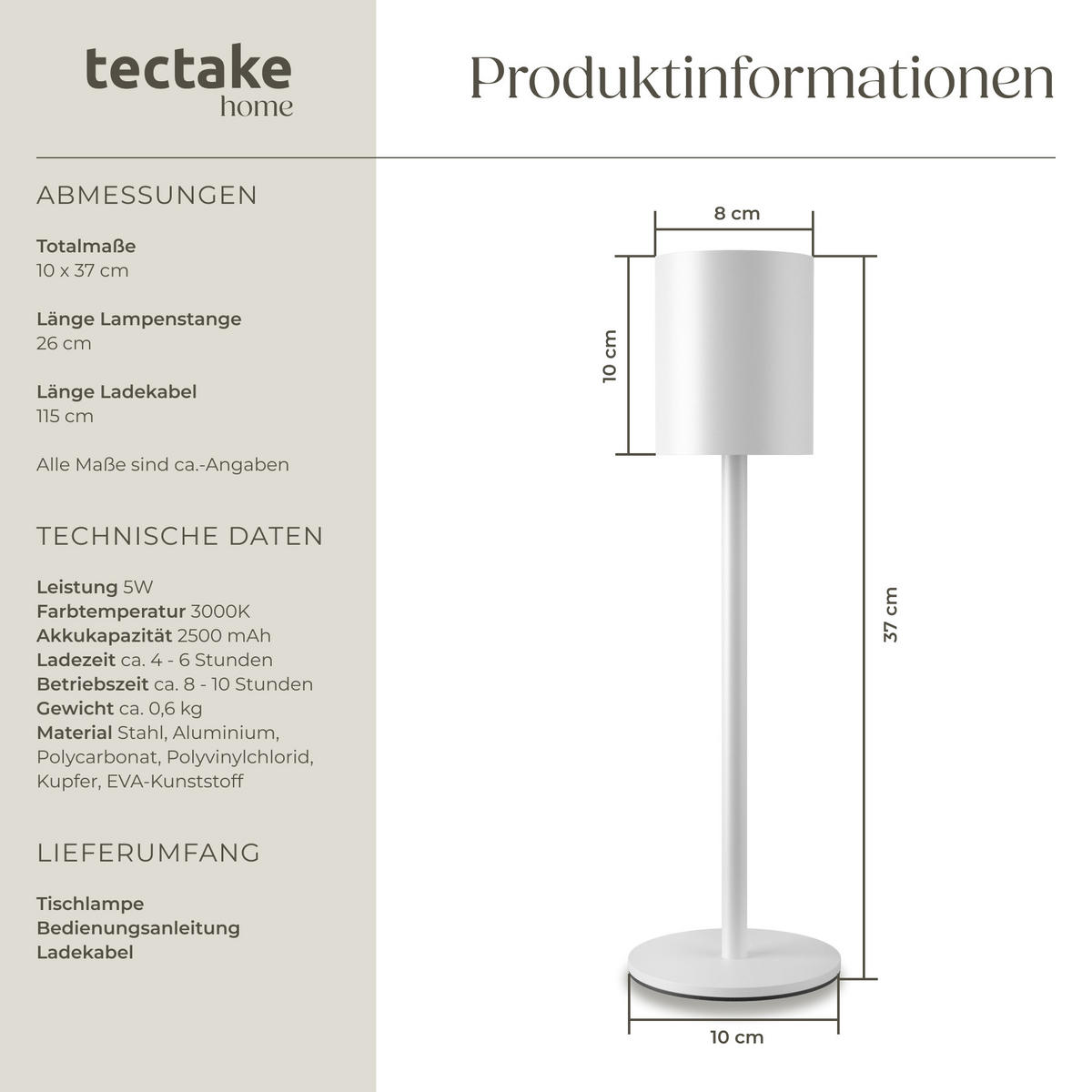 AKKU-TISCHLAMPE Corly,10 x 37 cm,weiß - Weiß, Metall (10/10/37cm) - tectake