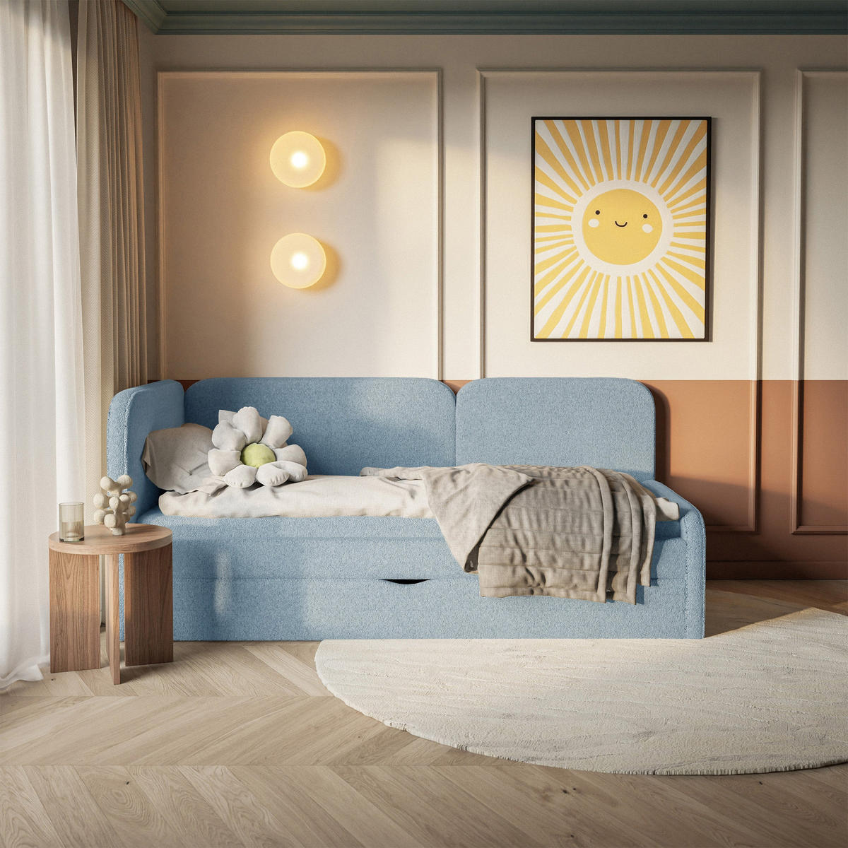 ČALOUNĚNÁ postel Cuddy, čelo vlevo, plyšová látka světle modrá, 90x200 cm - černá/světle modrá, textil/plast (90/200cm) - Selsey