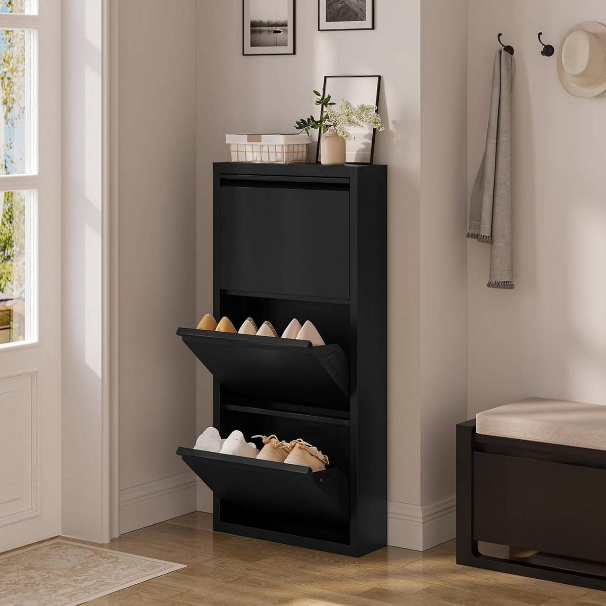 SCHUHSCHRANK mit 3 Klappen, 50x106x15cm, Schwarz - Schwarz, Metall (50/106/15cm) - Woltu