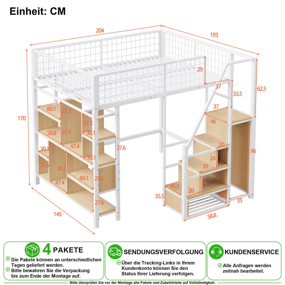 VYVÝŠENÁ POSTEL 140/200 cm v bílé barvě s úložnými schody - bílá, kov/kompozitní dřevo (140/200cm) - CHICFURN