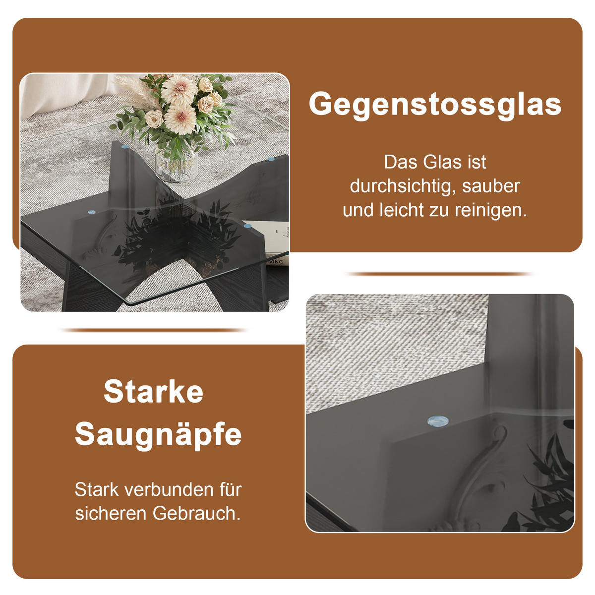 COUCHTISCH in Schwarz Moderner quadratischer Beistelltisch mit Holzoptik für Esszimmer und Wohnzimmer, B80/T80/H40 cm - Schwarz, Glas/Holzwerkstoff (80/80/40cm) - STILVORA
