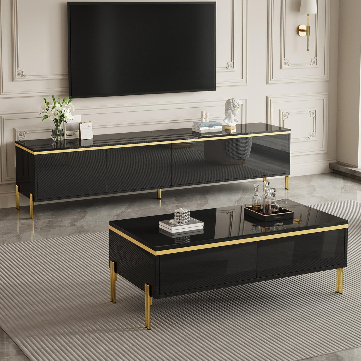 TV-SCHRANK & COUCHTISCH Set Luxus Hochglanz Gold Kanten - Schwarz, Holzwerkstoff (38/50/170cm) - FLIEKS