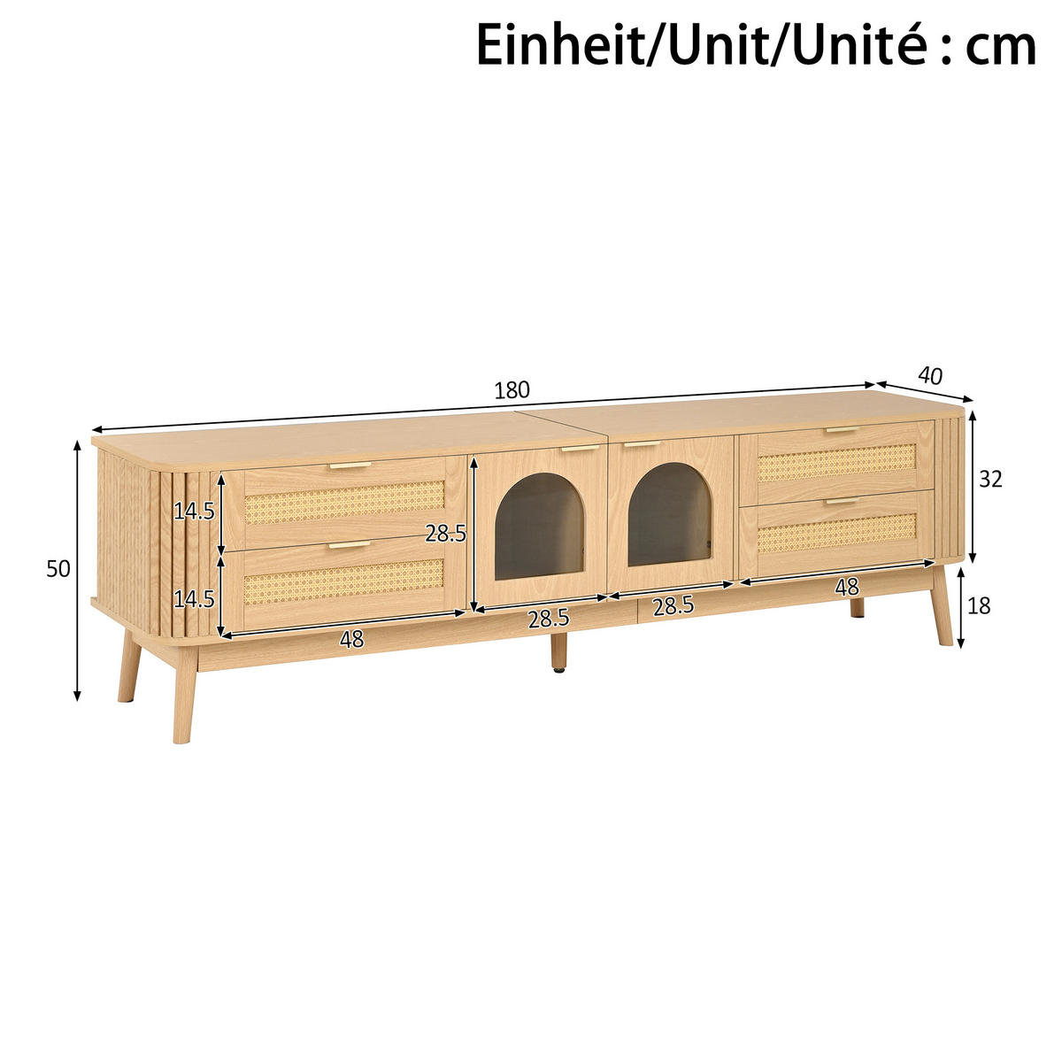 TV-SCHRANK LED Glas Türen Sideboard Massivholzbeine Modern - Naturfarben, Holzwerkstoff (180/50/40cm) - FLIEKS