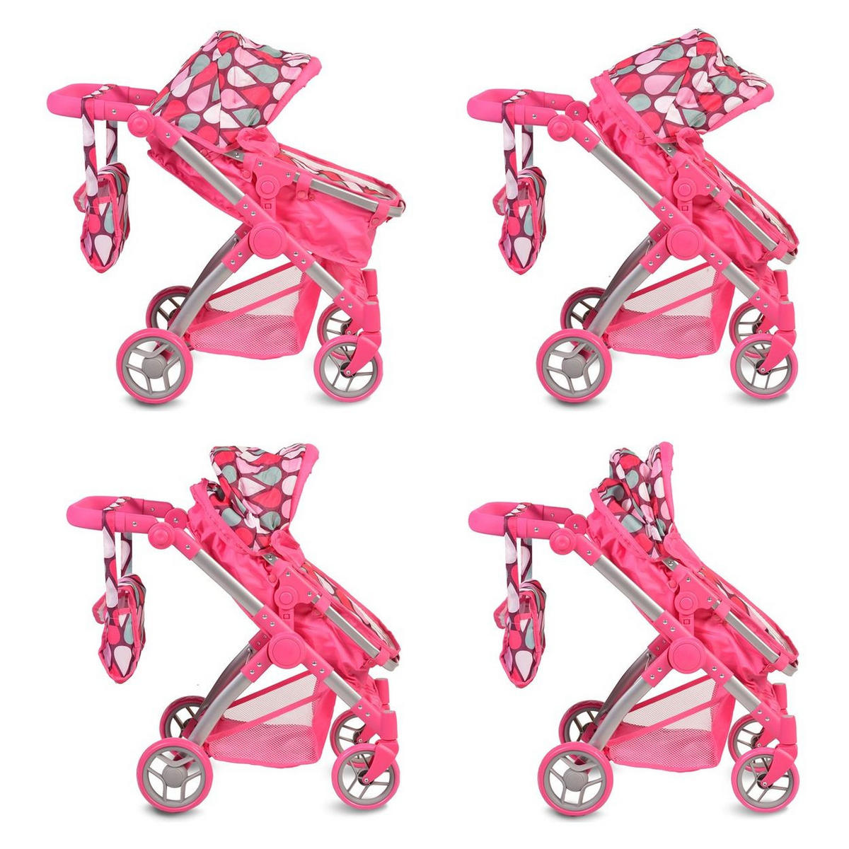PUPPENBUGGY Vicky 9620 pink Tasche, Schiebegriff höhenverstellbar, Sonnendach, Tragetasche - Rosa, Metall (39/68/62cm) - Moni