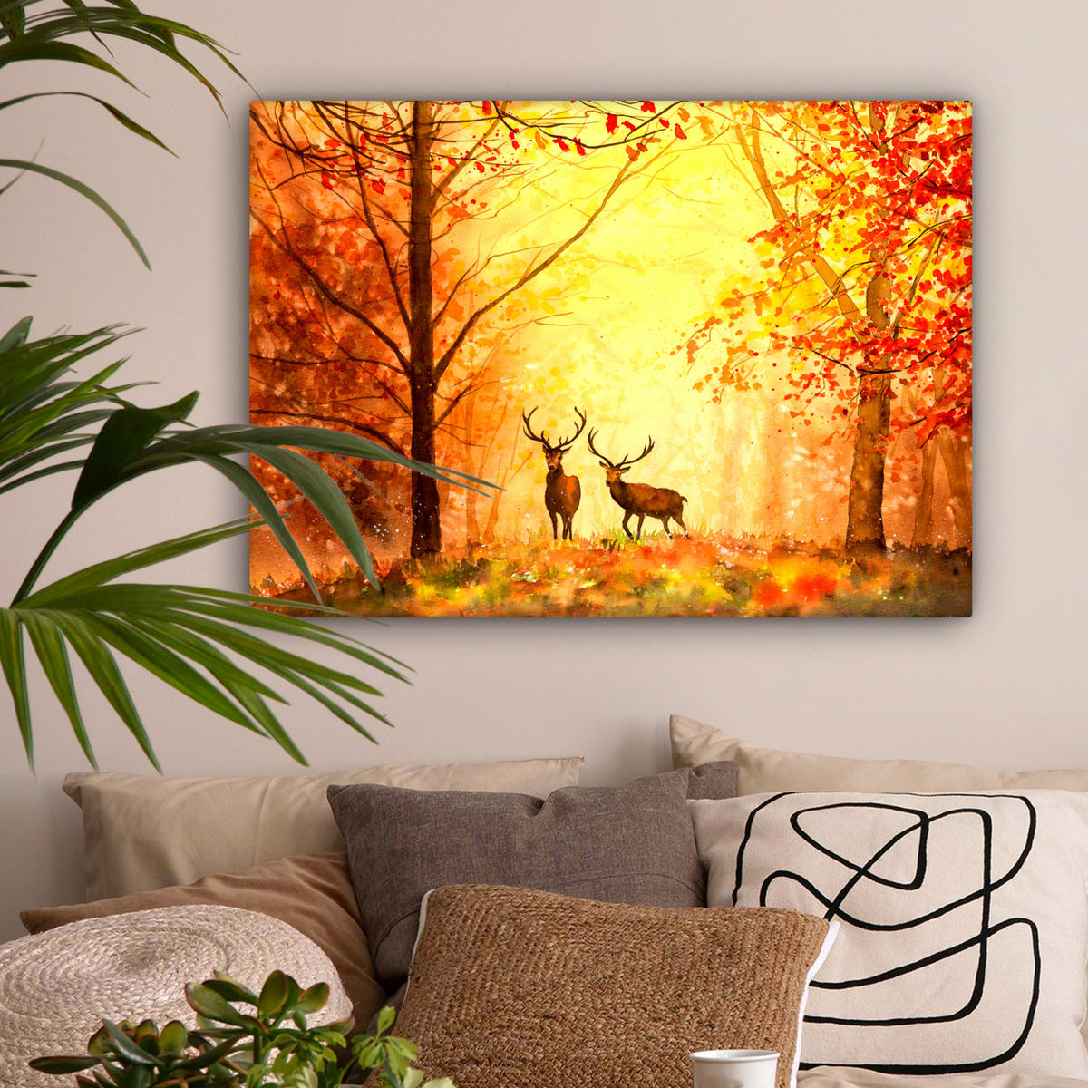 LEINWANDBILD Natur - Ölfarbe - Hirsche - Tiere - Herbst - Orange Wandbilder 80x60 cm - Orange, Textil (80/60cm) - MuchoWow