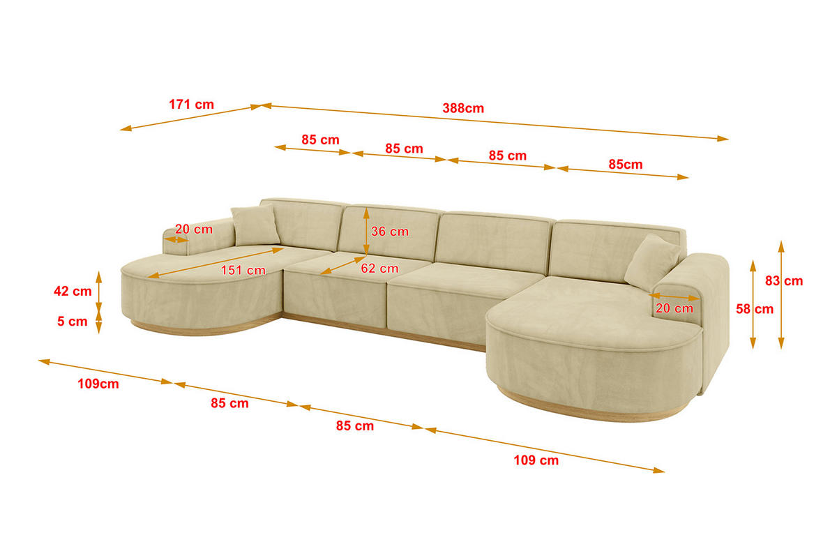 WOHNLANDSCHAFT MARI-U2-v2 - 388x171x83 cm Beige Velours - Beige, Holzwerkstoff/Textil (388/83/171cm) - ALTDECOR