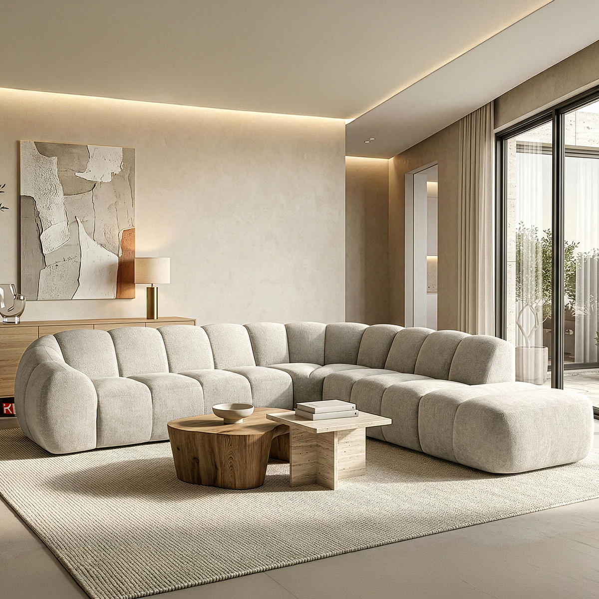 ECKSOFA RECHTS FLAVA, Ecru - Ecru, Holz/Holzwerkstoff (310/314cm) - KONSIMO®