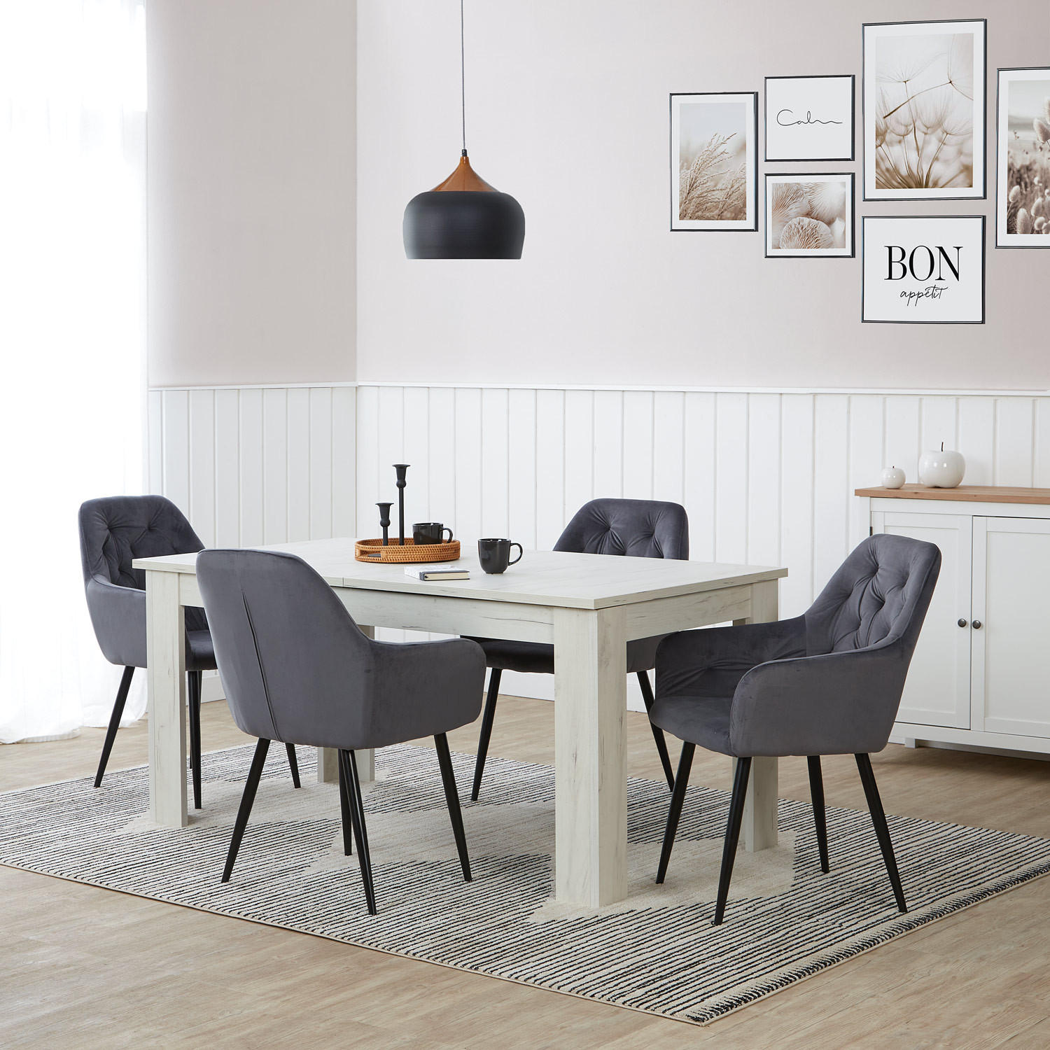TISCHGRUPPE 160-200/90 cm weiß mit 4 Stühle Samt - Schwarz/Weiß, Holz/Textil (90/89/160cm) - Homestyle4u