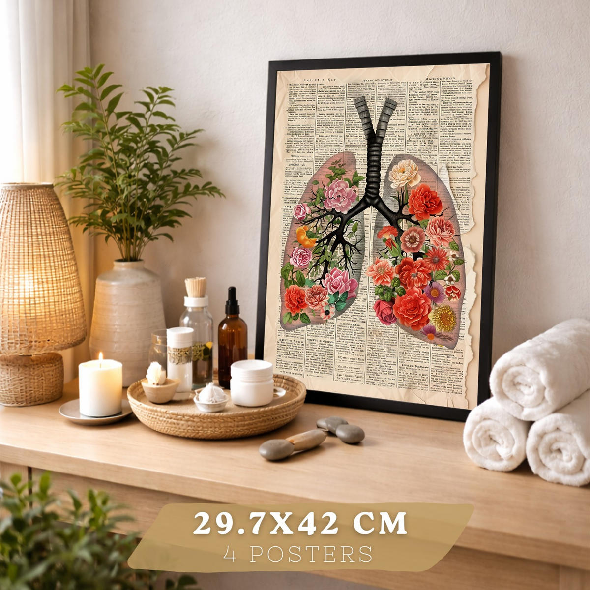 POSTER Set aus 4 Vintage Anatomie und Wandbilder mit Rippen Wirbelsäule Lungen Luftröhre Bronchien Gehirn und Schädel Größe Schwarzer Rahmen A3 - Schwarz, Papier (29.7/42/3cm) - Nacnic