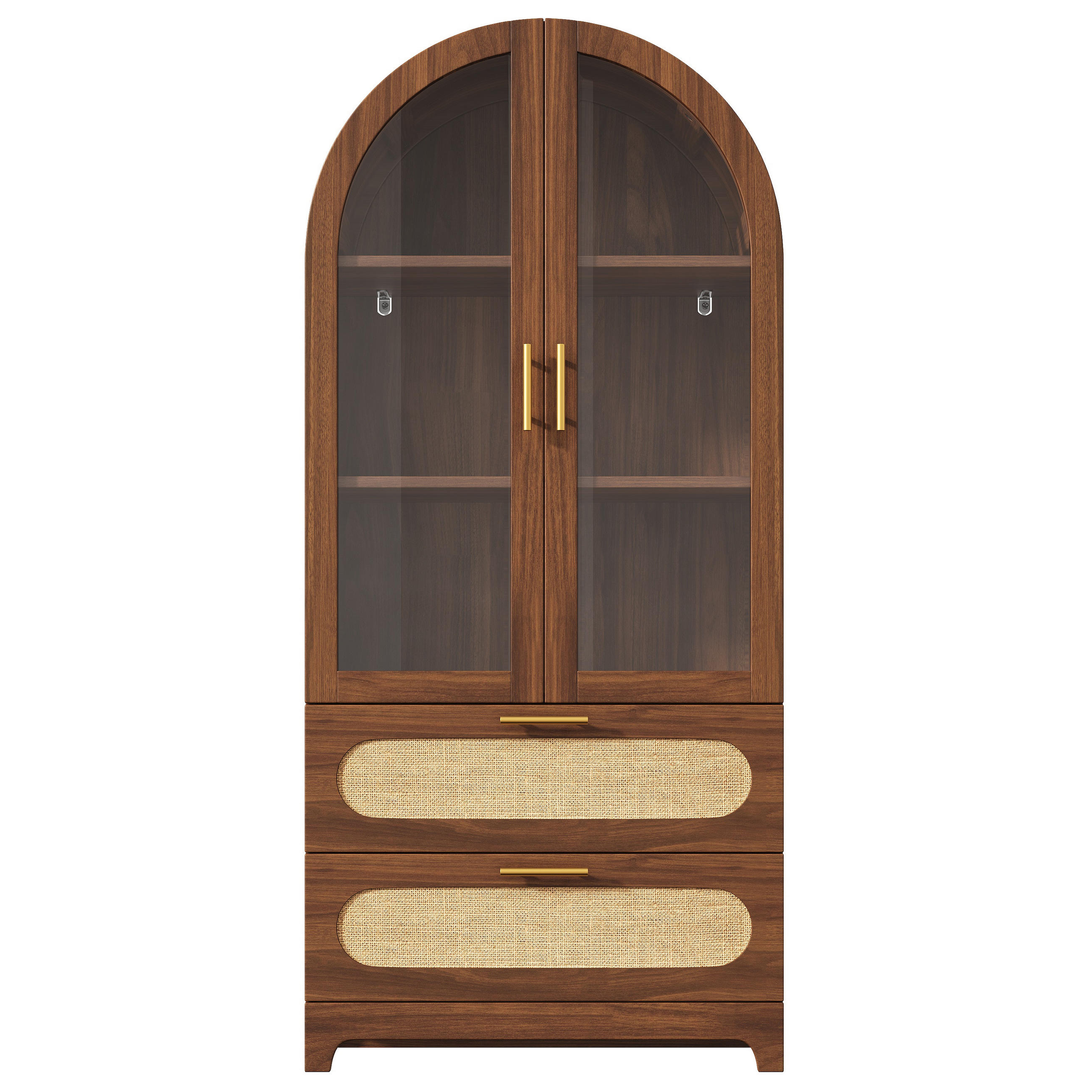 Urban Meuble HIGHBOARD v dekoru ořech se sklem a PE ratanem, obloukový design se 2 zásuvkami