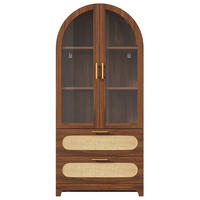 HIGHBOARD in Nussbaum-Optik mit Glas und PE-Rattan, Bogen-Design mit 2 Schubladen - Naturfarben, Holzwerkstoff (80/175/40cm) - Urban Meuble