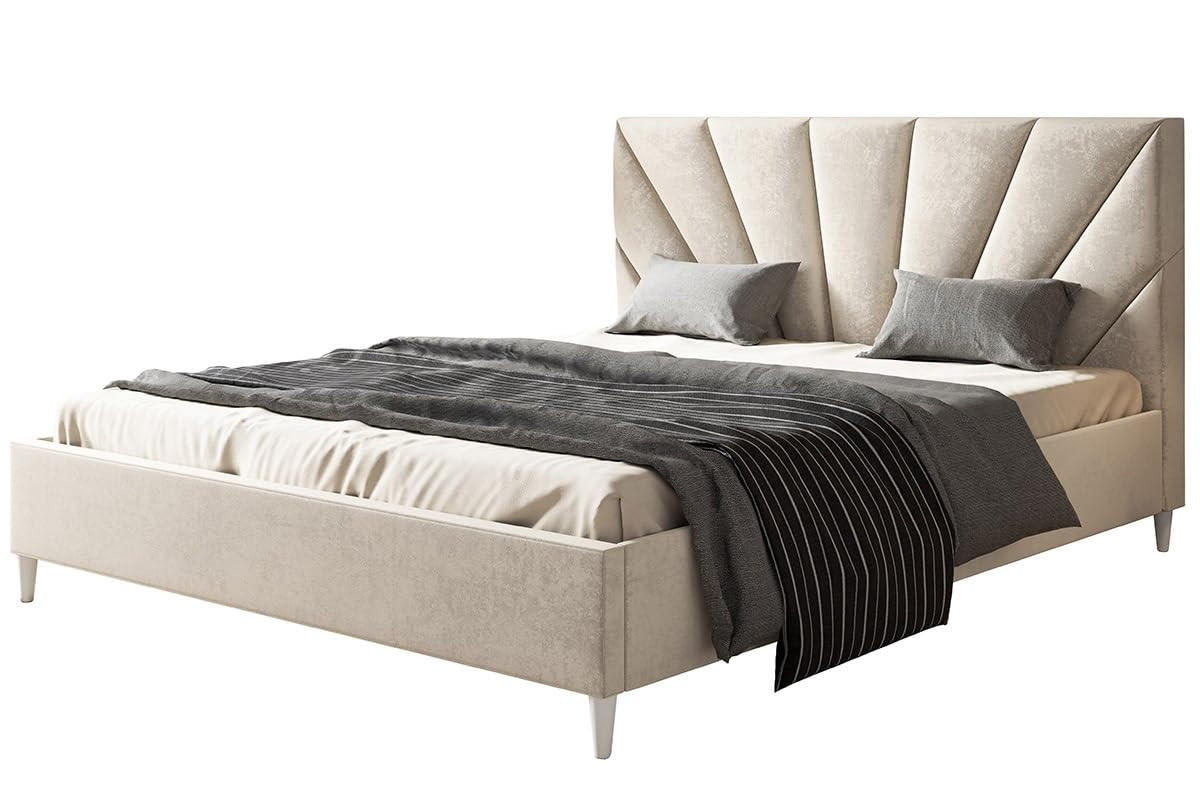 POLSTERBETT LUX Denver mit Kopfteil, 180 x 200 cm, Doppelbett mit Lattenrost aus Holz, Velourstoff Beige, Füße in Farbe: Weiß - Beige, Holz/Textil (180/200cm) - Alpi-Möbel