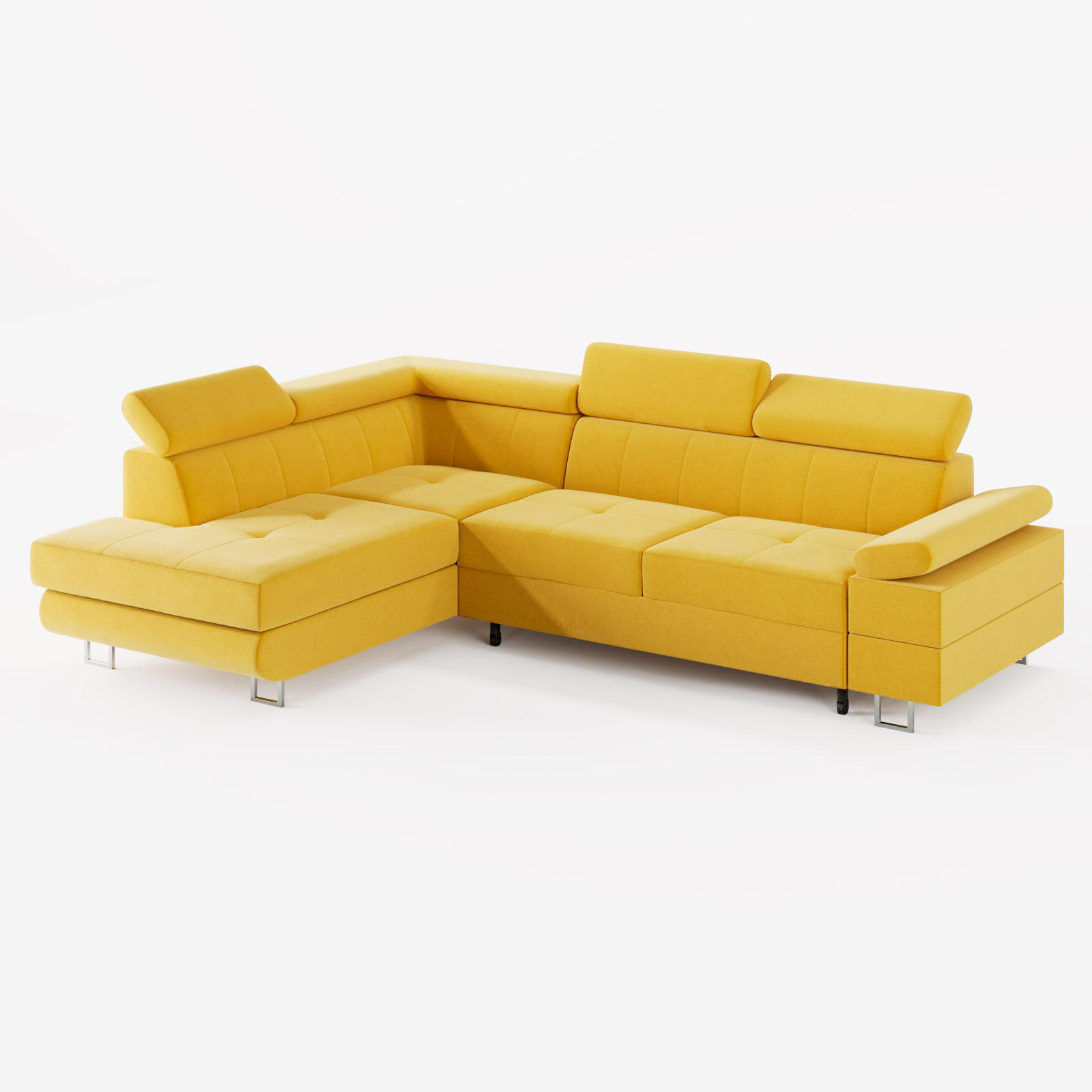 ECKSOFA CAROLINE Links Gelb matter Veloursstoff mit Schlaffunktion und Bettkasten - Chromfarben/Gelb, Textil (253/190cm) - Barchello