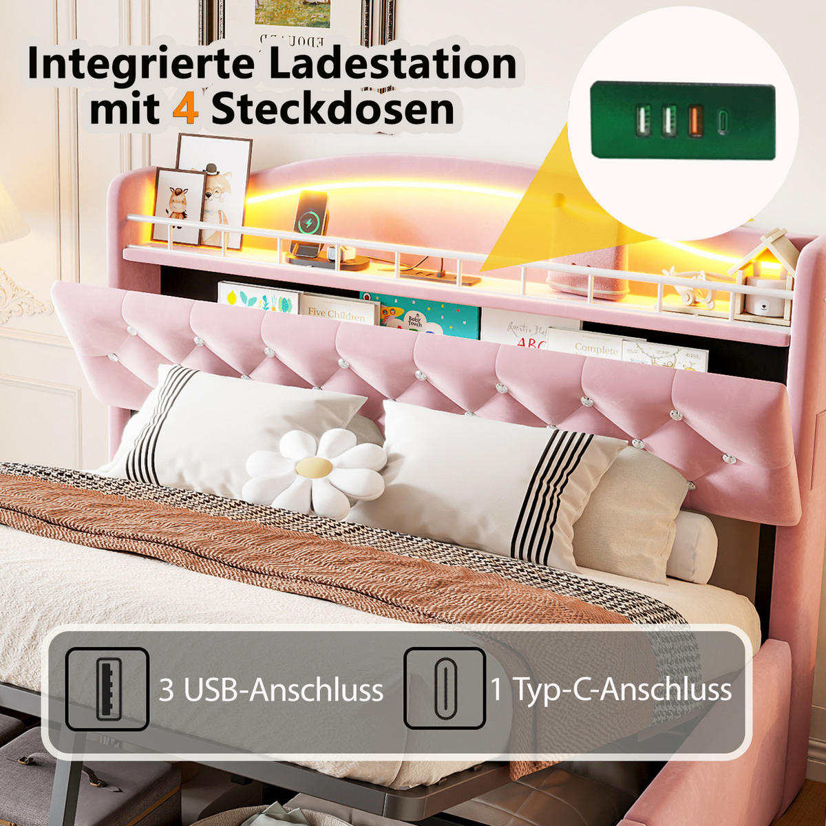 POLSTERBETT 140/200 cm aus Samt und Metall mit Stauraum Rosa - Pink, Textil (140/200cm) - OKMYHOME