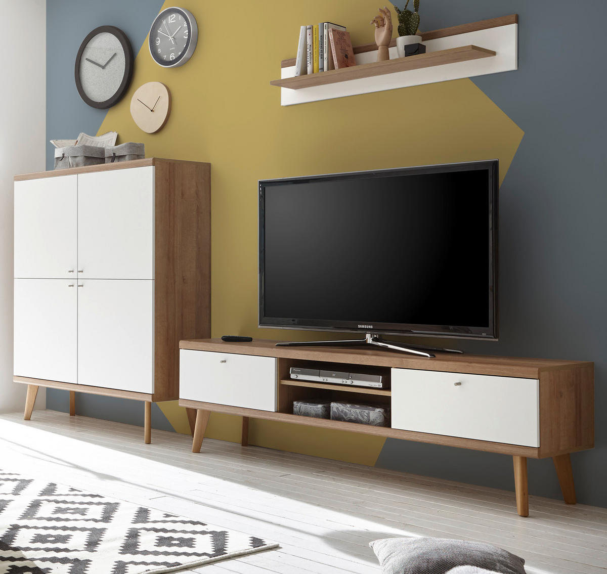 WOHNWAND weiß Eiche Riviera, Schrankwand skandinavisch 3-teilig 277 x 160 cm - Eichefarben/Weiß, Holzwerkstoff/Metall (277/160/40cm)