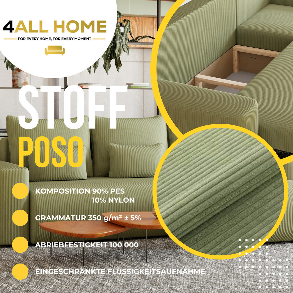 ECKSOFA Travis mit Bettkasten und Schlaffunktion, L-Form, Cord, Universal - Salbeigrün, Holzwerkstoff (248/148cm) - 4ALL HOME