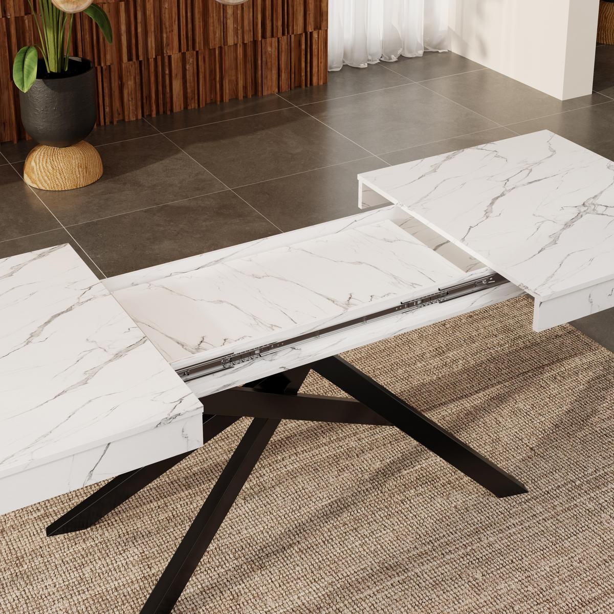 ESSTISCH in Weiß ausziehbarer Küchentisch mit verdickter Tischplatte und Metallbeinen für Esszimmer , B140-180/T80/H76cm - Schwarz/Weiß, Holzwerkstoff/Metall (80/180/76cm) - STILVORA